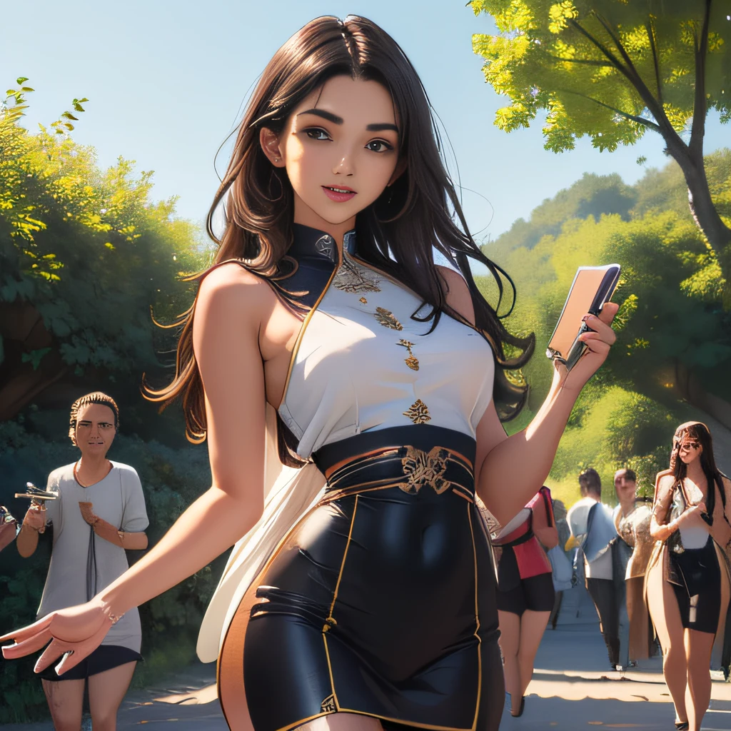 (Extremely detailed 8k wallpaper:2), (photo:2), (soigne Beautiful girl:2), (gives a lecture to friends:2), detailed (Face and eyes), (hyper realistic:1), (highly detailed:1), (epic realistic:1), rim light, (maximum details:1), cozy, (fullbody:1.3), (looking at viewer:2), (Woman's Attractive Qualities:2), (Attractive Woman:2), (Attractive:2), Smile, Intelligence, Empathy, Gracefulness, Sense of Style, Fitness, Grooming, Optimism, (Sensitivity:2), Sincerity, Romantic Gestures, Playfulness, Fashion Sense, (Sensuality:2), Charm, Modesty, Thoughtfulness, (Femininity:1), Flirtatiousness, Warmth, (Physical attractiveness:2), A beautiful smile, A love of life, strength and power, vulnerability, curiosity, wonder, love, (nature background:2), kawaii, waifu, Beautiful breasts, (attractive body:2), (Beautiful body:2), Beautiful pose, attractive pose, (Beautiful legs:1.0), (spread legs:1.0), (Beautiful clothes:1), (classic clothes:2), (elegant clothes:2), (European clothes:2), detailed clothes, (skirt:1), (blouse:1), (provocative pose)