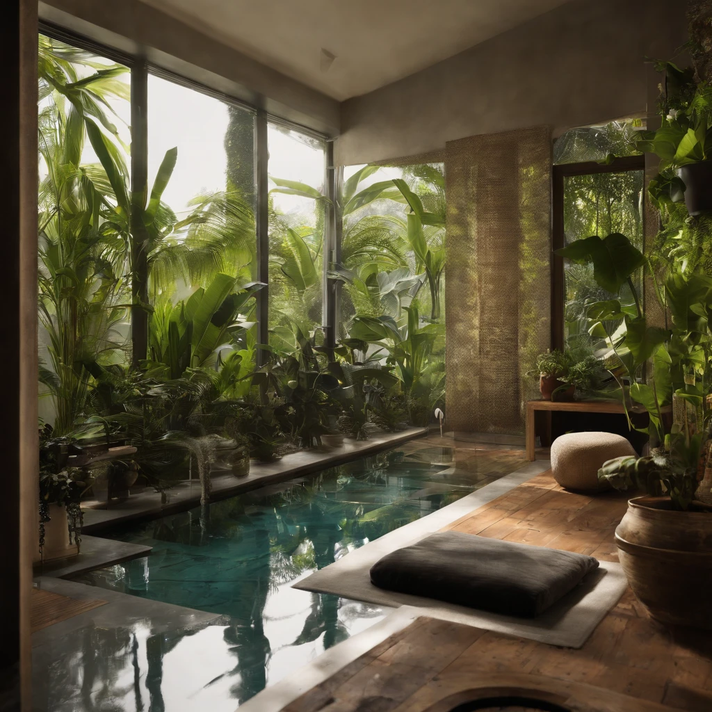 Ein Dschungelbadezimmer, das umweltbewusst gestaltet wurde. Die Armaturen sind wassersparend, und die Materialien stammen aus nachhaltigen Quellen. Upon entering the spacious shower area, You will be greeted by the sight of tropical plants and the smell of fresh jungle air. Dieses Badezimmer bietet nicht nur modernen Komfort, but also promotes a deep appreciation for the beauty and biodiversity of the jungle.