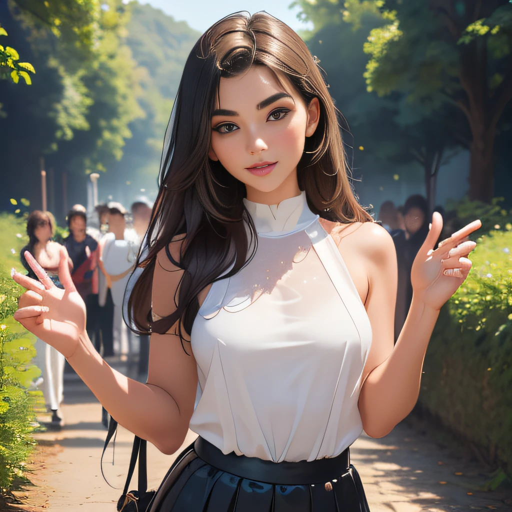 (Extremely detailed 8k wallpaper:2), (photo:2), (soigne Beautiful girl:2), (gives a lecture to friends:2), detailed (Face and eyes), (hyper realistic:1), (highly detailed:1), (epic realistic:1), rim light, (maximum details:1), cozy, (fullbody:1.3), (looking at viewer:2), (Woman's Attractive Qualities:2), (Attractive Woman:2), (Attractive:2), Smile, Intelligence, Empathy, Gracefulness, Sense of Style, Fitness, Grooming, Optimism, (Sensitivity:2), Sincerity, Romantic Gestures, Playfulness, Fashion Sense, (Sensuality:2), Charm, Modesty, Thoughtfulness, (Femininity:1), Flirtatiousness, Warmth, (Physical attractiveness:2), A beautiful smile, A love of life, strength and power, vulnerability, curiosity, wonder, love, (nature background:2), kawaii, waifu, Beautiful breasts, (attractive body:2), (Beautiful body:2), Beautiful pose, attractive pose, (Beautiful legs:1.0), (spread legs:1.0), (Beautiful clothes:1), (classic clothes:2), (elegant clothes:2), (European clothes:2), detailed clothes, (skirt:1), (blouse:1), (provocative pose)