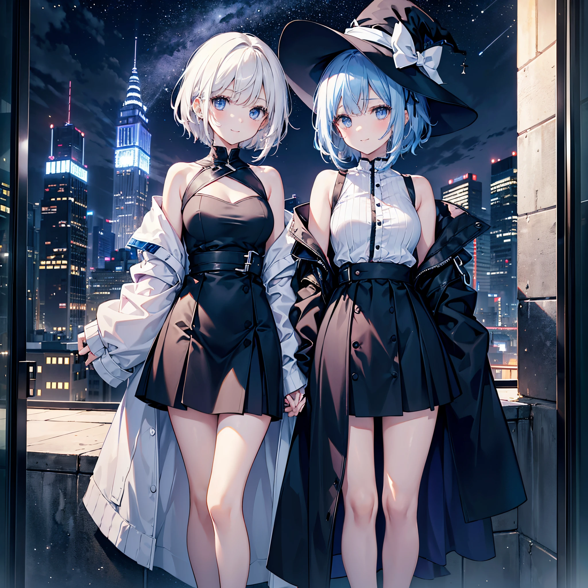 This is the rooftop of a skyscraper in the city.、It's late at night now.、You can see the night view of many low buildings in the background.、Photograph them from above、Small moon and starry sky、You can see the beautiful sea with the moonlight reflecting in the distance.、She was a 27-year-old woman with small breasts and loose, fluffy pure white short hair.、One is a 31-year-old woman with small breasts and dark blue-purple lob hair.、The two are having fun、street snap、Sheer feeling、Beautuful Women、Looking at me with a smile、She wears a large black witch hat with sapphire accessories、Dark blue-purple medium short hair with white mesh and loose lob hair、Blue eyes with highlights、she is wearing a white t-shirt、She is wearing a long black coat over a white t-shirt、The front of the black long coat is open、She is wearing a black knee-length box pleated skirt、Black sneakers with white shoelaces、small tits、discreet breasts、A fragile smile、hiquality、High Details、high-level image quality、4K picture quality、beatiful backgrounds,drawn by Japanese ilastrator