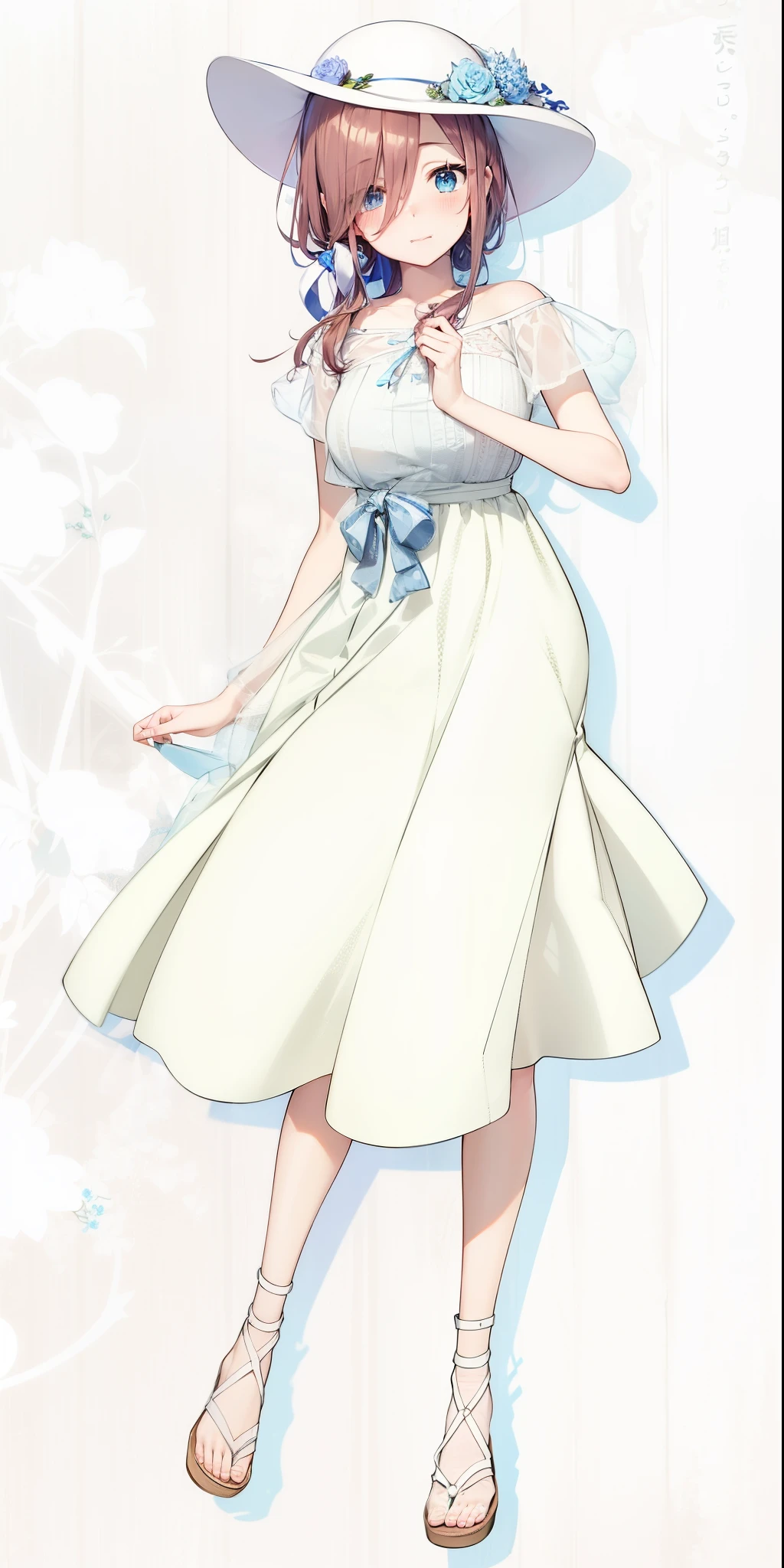 Miku Nakano, shy, blushing, cute, 4k, high quality, highly detailed, miku Nakano, flowing white slong skirt, white top with volant short sleeves, cute hat, flowers as a hairtie, sandals. Perfect face, highly detailed, perfect anatomy