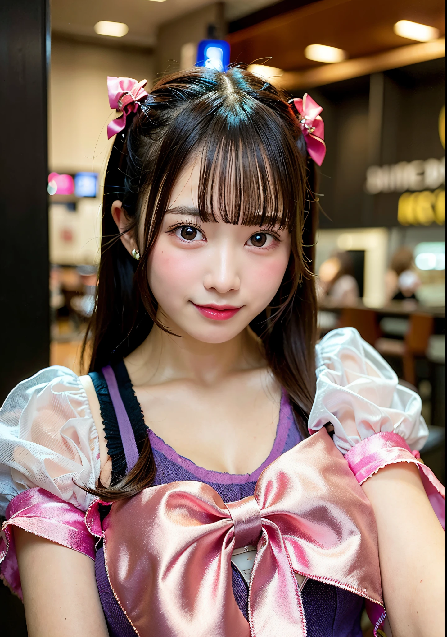 Asian girl in arafe with pink dress and pink ribbon, chiho, Belle Delphine, shikamimi, sakimichan, 奈良美智, cute kawaii girl, in dress, hime-cut, juri misaki, rei hino as a princess, cutecore, Young Gravure Idol
