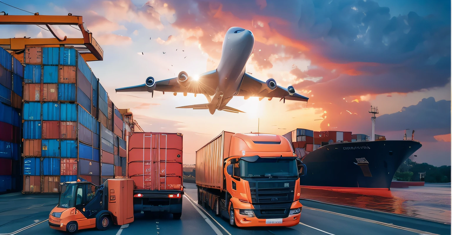 araf truck and forklifts on a highway with a cargo ship in the background, photo rendering, Economia da Cadeia de Suprimentos, foto de retrato, 1 5 0 4, 1 4 9 3, advertising photo, preciso e detalhado, trading depots, por Wayne England, 1505, em um fundo escuro, foto retrato, excepcional, artistic rendering, Directed by: Jeffrey Smith