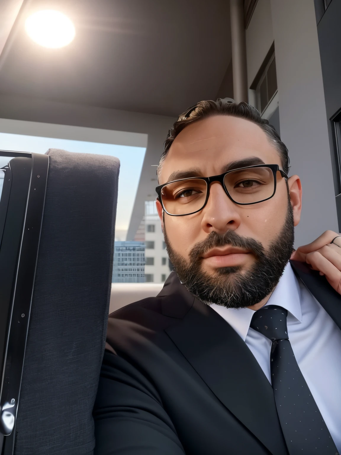 there is a man with a beard and glasses wearing a suit, taken in the early 2020s, Selfie de um homem, in suit with black glasses, wearing a suit and glasses, looking away from camera, Looking away from the camera, Fotografia Selfie 8k, Looking towards the camera, foto Selfie, Selfie, olhando para o lado
