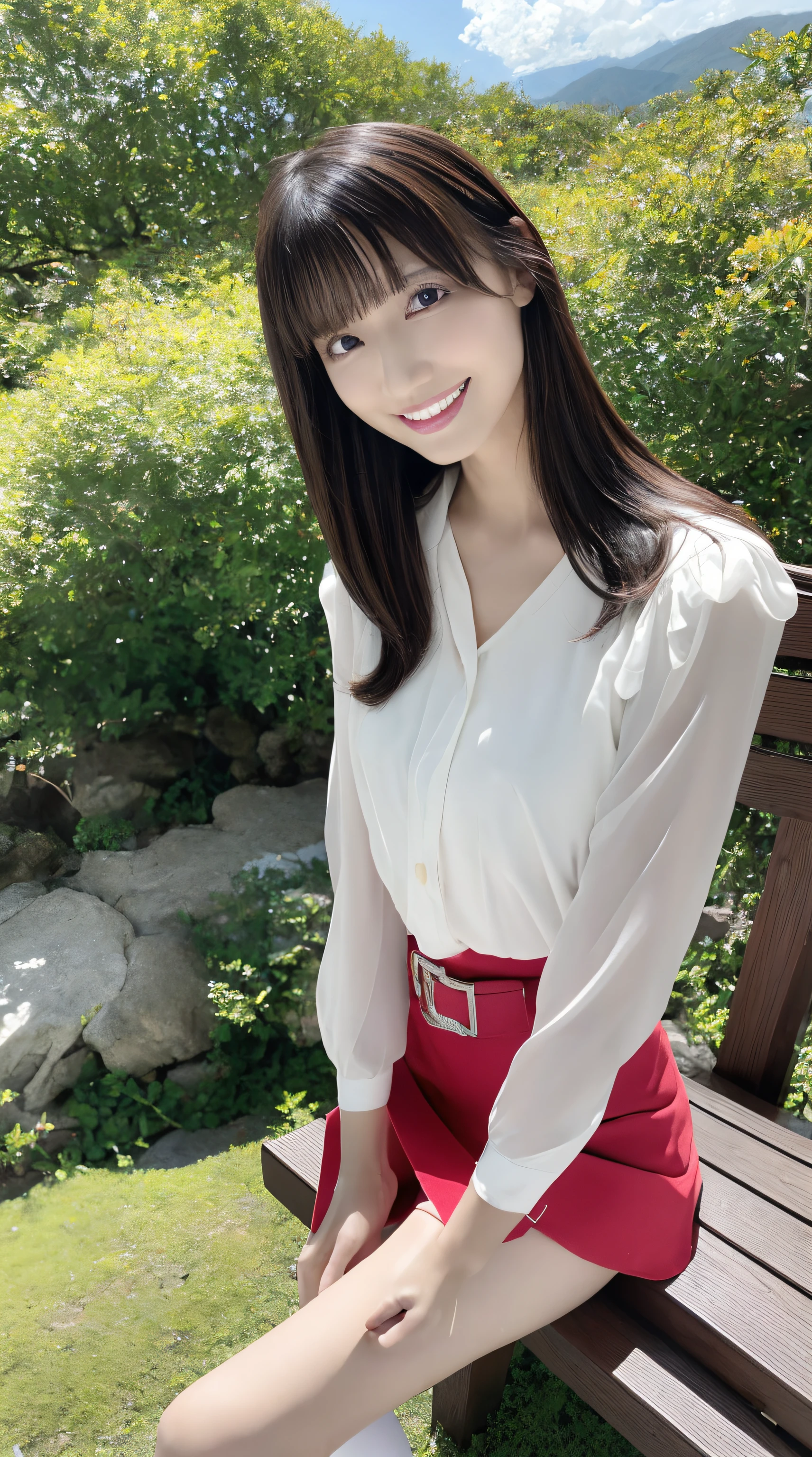 (Best Quality, masutepiece, Ultra HD: 1.3, High brightness, High color saturation), 1girl in, （middlebreasts）, light brown hair, Asymmetrical hair, straight haired, Long hair, （ slender body shape, Constricted waist）, （Ultra Fine Face）, Delicate lips, （beautidful eyes）, thin blush, eyes are brown, perfect glossy skin, View here, Smiling smile, （ hide one's hands）, （Sitting on a bench）, （thin and long legs, Thighs and toes:1.5), See-through white blouse, White tight skirt, （White pumps）, (a japanese girl, hposing Gravure Idol), Broad-leaved forest, 135 mm, Fuji Film