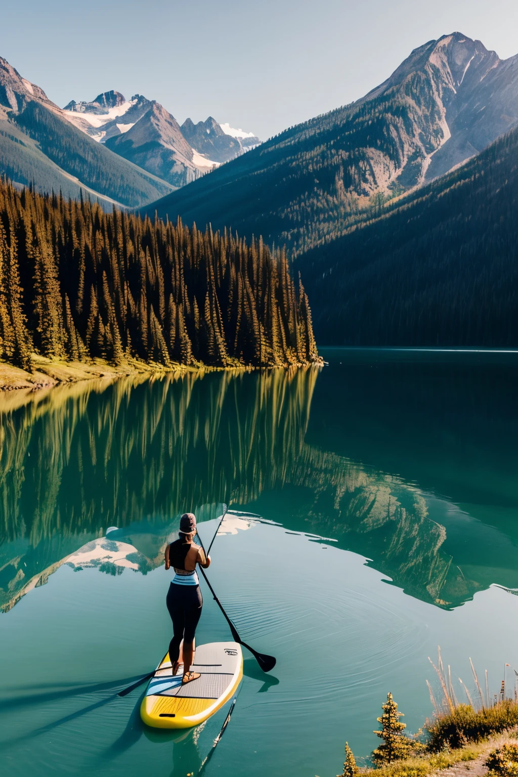 Landscape of a woman stand up paddle boarding on a pristine mountain lake in British Columbia, breathtaking view, inspired by the style of Ken Duncan well known as the pioneer of landscape, in making use of dodging and burning to edit a landscape image
