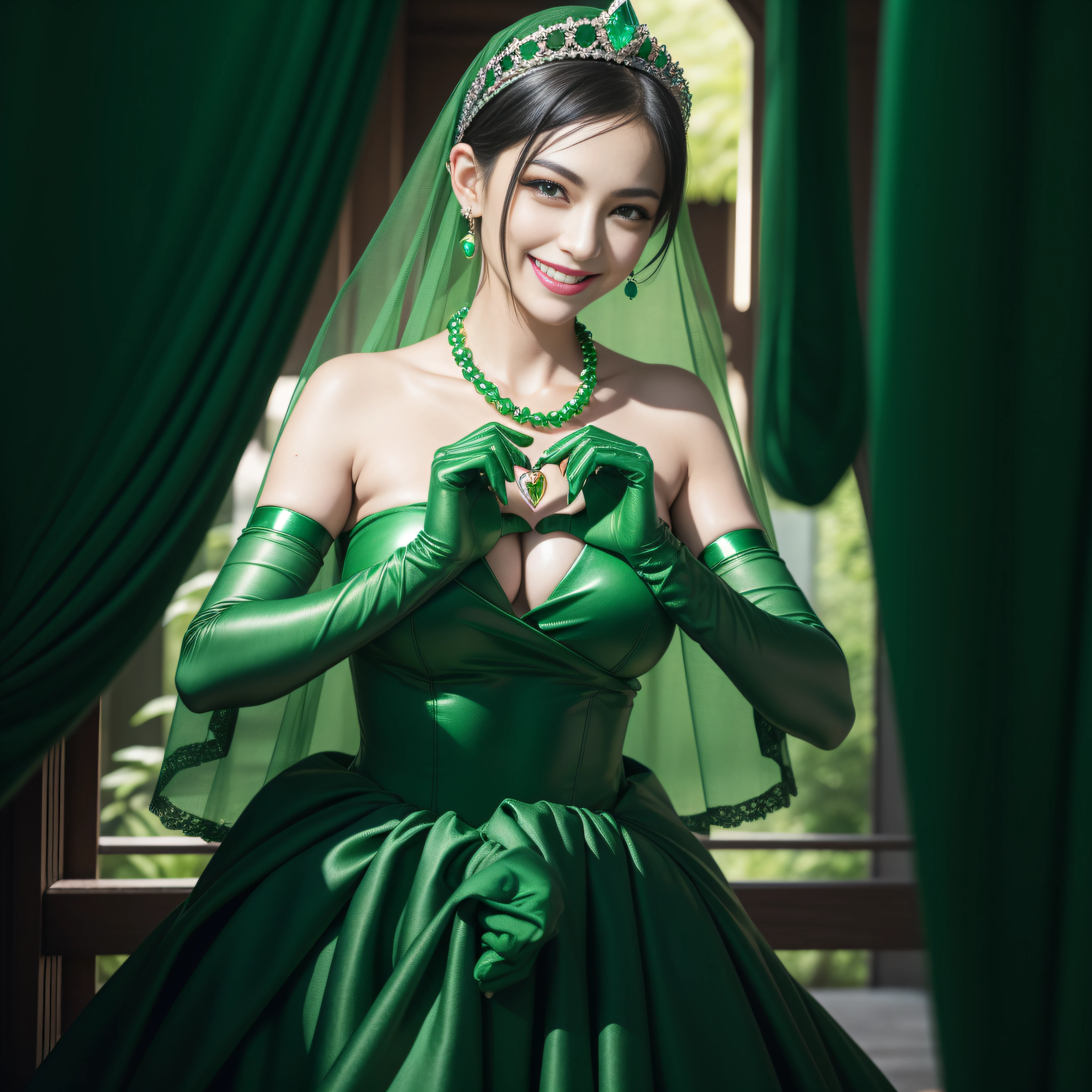 emerald tiara, Green Pearl Necklace, Boyish very short black hair, lipsticks, Japan woman smiling, very short short hair,  big breasts beautiful, Green eyes, Long green gloves made of satin material, Green eyes, Emerald Earrings, green vale, Heart with both hands