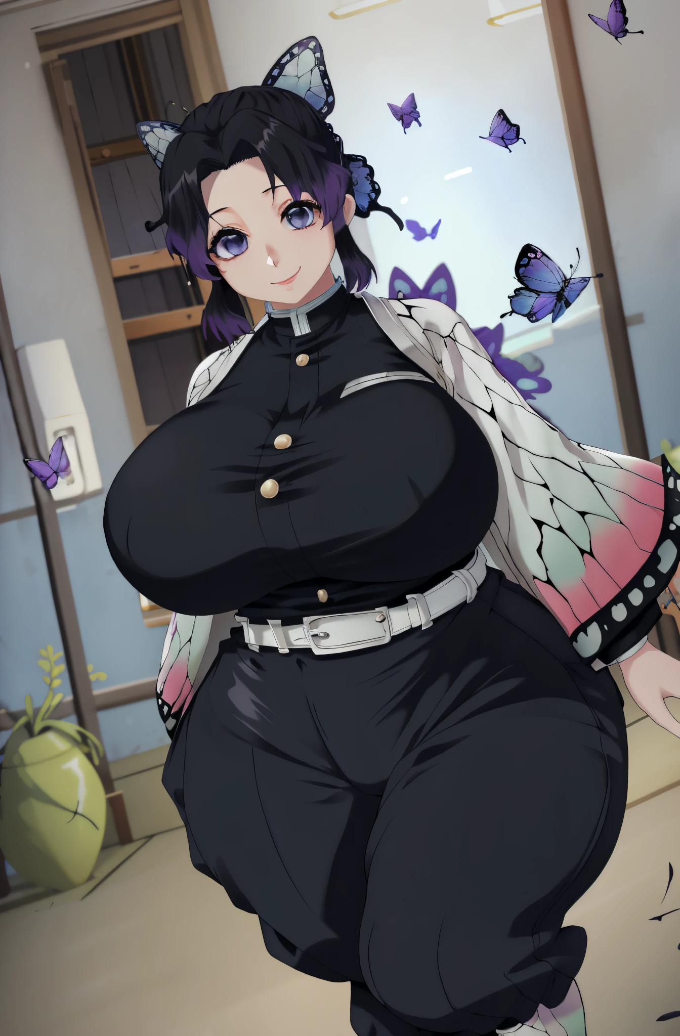 Kochou Shinobu, 1girl,masterpiece, multicolored hair,sleeveless, (gigantic breasts:1.2),(curvy:1.5),(ShinobuDB:1.2), purple eyes, beautiful eyes,black jacket,buttons, (completely covered breats:1.4),( shirt:1.5),(pants:1.3),(black skirt:1.5,uniform:, white haori:,multiple butterflies:1.5), laked sunset, lens flare, perfect lighting, highest quality, hands behind, thick thighs, medium breasts, highest quality, high resolution.