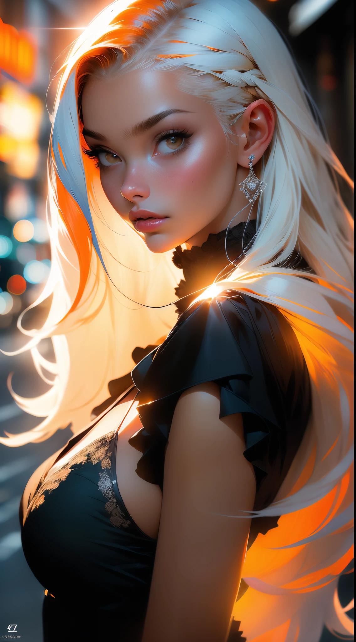 (best quality, masterpiece:1.3), 1girl, looking down, wind, particle, simple background, dark mood, upper body, (demon girl, horn:1.2), blonde, pose, negligee,