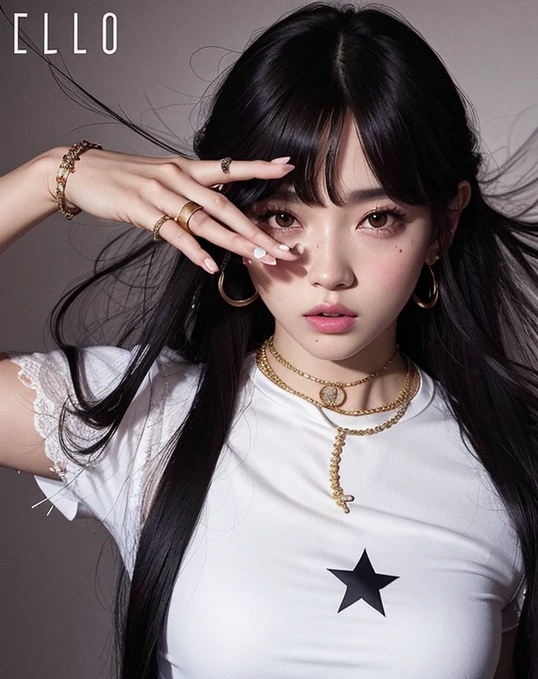 capa da revista araffe com uma mulher de cabelo comprido e uma estrela na camisa, Jisoo Blackpink Retrato, Retrato de Jossi do Blackpink, Jisoo do Blackpink, Jisoo do Blackpink, Lalisa Manobal, jossi do blackpink, Jinyoung Canela, Jennie Blackpink, Lalisa Manoban do Blackpink, Parque Ji-min, Casa Yunjoo
