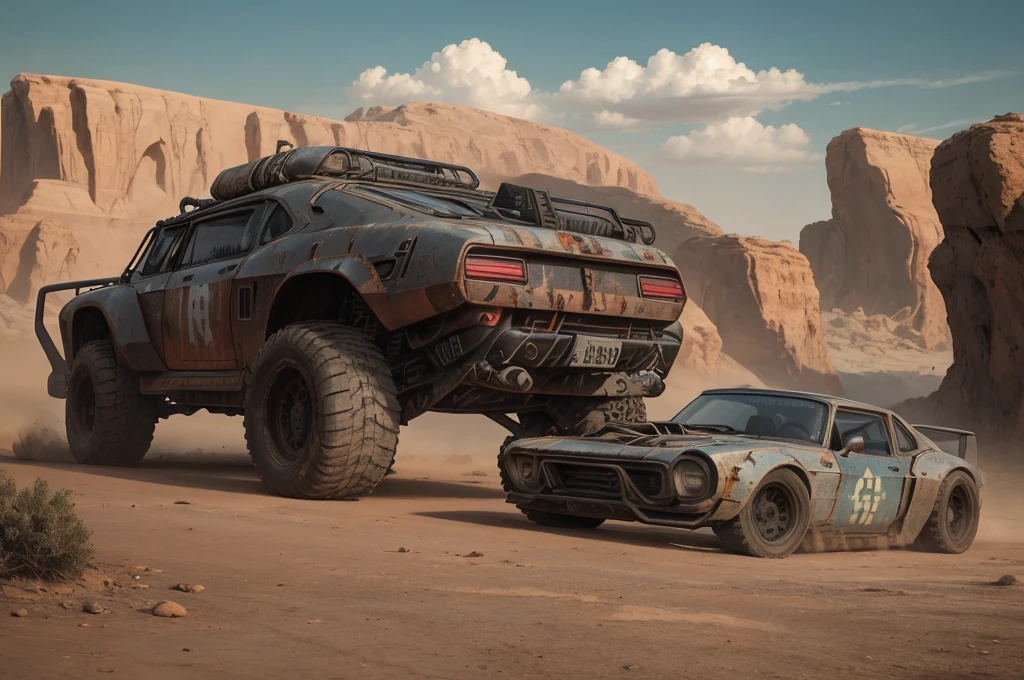 Create a cinematic, filmic image 4k, 8k with [George Miller's Mad Max style]. The image should be captured in a [wide-angle view] and depict [single] a [post-apocalyptic]  V8 [muscle car]. The car's paint is a [black] covered in a spots of [rust] and thin layer of smooth [dust] and [dirt], making it appear [rugged] and [gritty] but with visible [black color]
The car's body should be [sleek] and [aerodynamic], giving it a [low] and [aggressive] stance that conveys [power] and [speed]. The front of the car should feature a [distinctive] front nose cone with [rectangular lights] that adds to its [intimidating] appearance. The car's wheels should be [large] and [sturdy], with [thick] tires that can handle the [rough] terrain of the [post-apocalyptic] wasteland. The rims should be made of [durable] metal with a [unique design] that showcases the car's [individuality].
In addition, the car should have [eight exhaust side pipes]. The car should also feature a Weiand 6-71 [supercharger] mounted on the hood, protruding through the bonnet.
Car should be designed to look both [powerful] and [functional], built to withstand the [harsh] conditions of the [post-apocalyptic] wasteland.
The image should be [ultra-realistic], with [high-resolution] captured in [natural light]. The lighting should create [soft shadows] and showcase the [raw] and [vibrant colors] of the car. The image should be a highly-detailed photography set in a [post-nuclear], [fallout] like setting, conveying a sense of [danger] and [grittiness]. The final image should be a [masterpiece], with a [realistic portrayal] of the Interceptor that is both [intimidating] and [awe-inspiring]. Background should contain [empty desert highway], image takes place before the storm, with the [hot summer sun] still shining brightly in the sky, but in the distance, the sky is a [dark and foreboding shade of blue], hinting at an impending storm