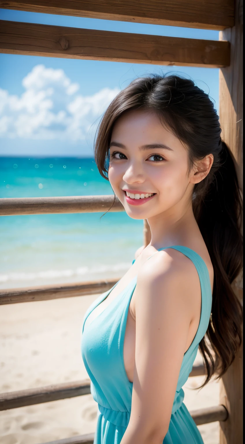 The prompt for the given theme is:
"(Best quality, 8K, RAW photo, Masterpiece:1.45), (Realistic, Photorealistic:1.37), One girl, Cute, Smiling, Happy, Embarrassing pose:1.2, Beach, Daytime, Professional lighting, Sandy beach, Clear blue sky, Refreshing ocean waves, Gentle sea breeze, Sun-kissed skin, Flowing beach dress, Vibrant colors, Soft and warm lighting, Calm and peaceful atmosphere"