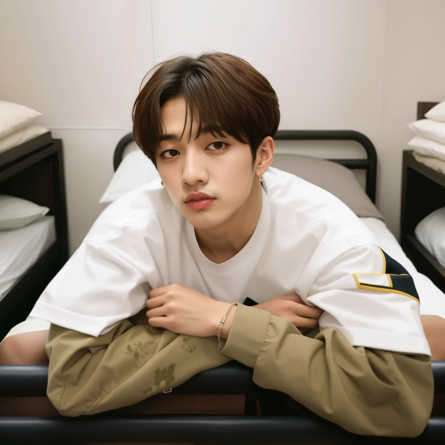 Macho de camisa branca deitado em uma cama, Jung Jaehyun, Jinyoung Canela, TaeJune Kim, Jungkook, Hyung Tae, Kim Doyoung, army, Cai Xukun, jinyoung shin aesthetic, bladee from drain gang, Jovem Anjo Wan, Jaeyeon Nam, Inspirado em Jeonseok Lee, pentagon, Todos do Grupo NCT, portrait of kpop idol