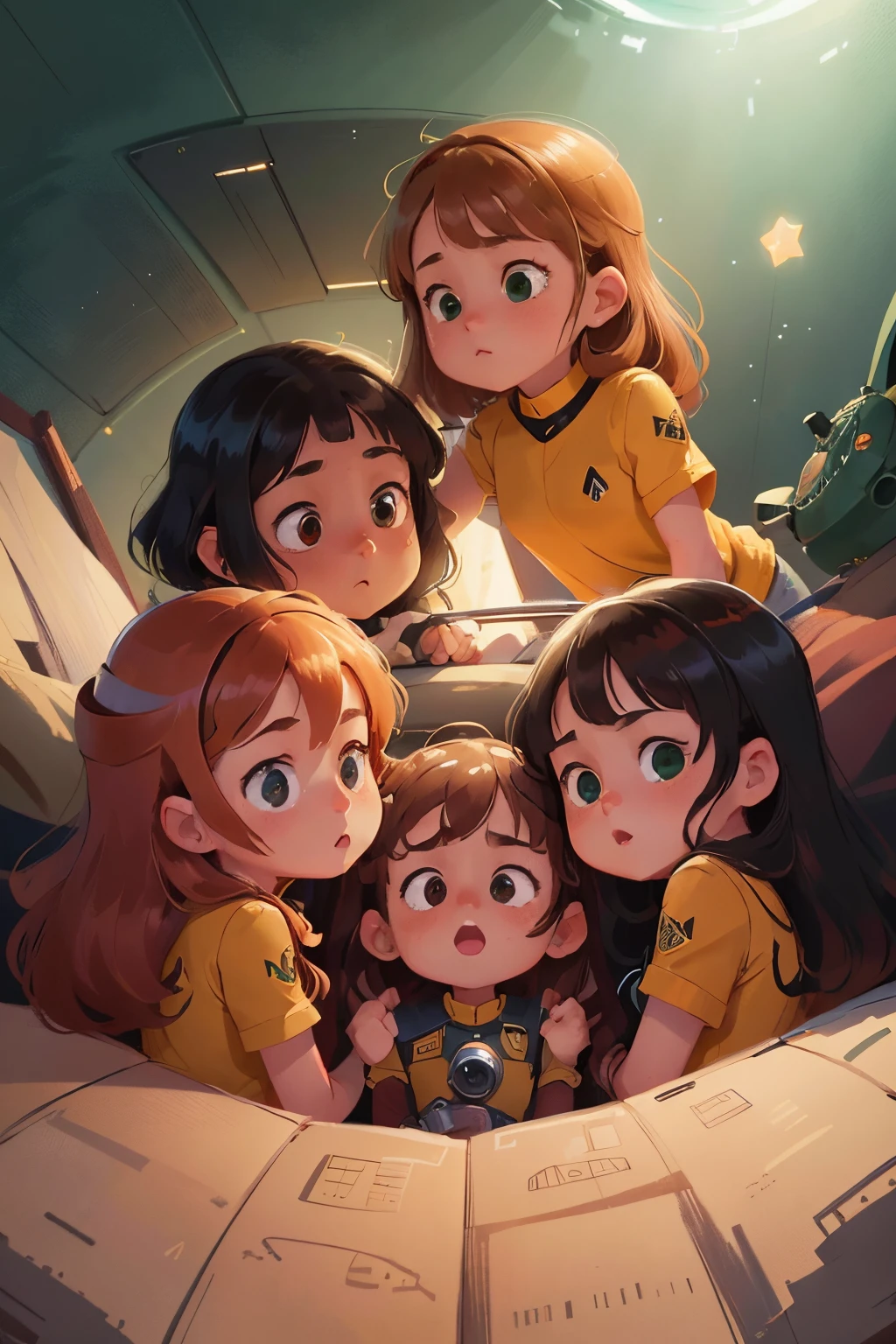 High Detail, Ultra Detail, 8K, Ultra High Resolution there is four cute and innocent girls, black hair, blond hair, brown hair, red hair, green eyes, brown eryes, balck eyes, exploring the space with a spaice ship, adding to the playful atmosphere,(masterpiece), best quality, expressive eyes, perfect face, star trek style.