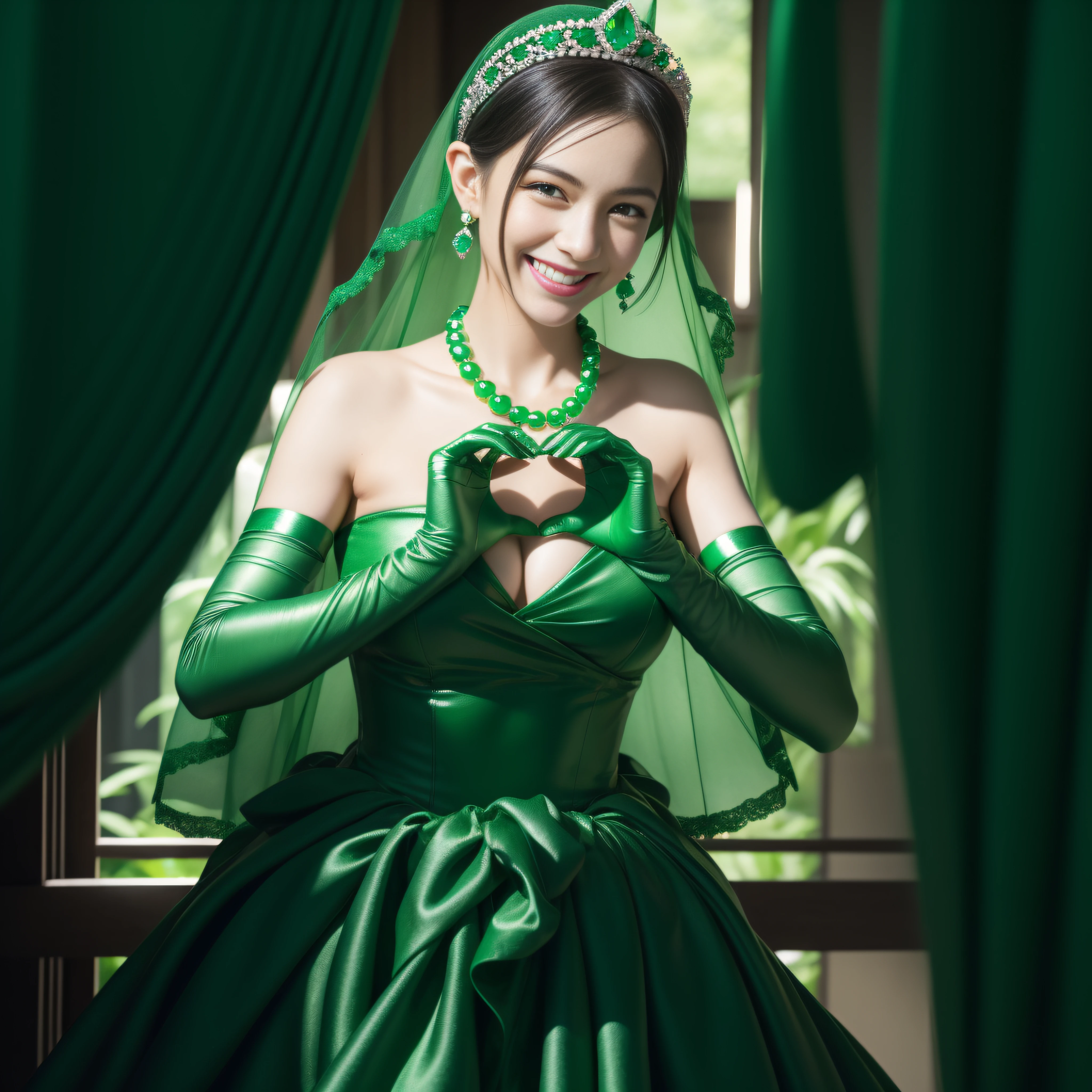 emerald tiara, Green Pearl Necklace, Boyish very short black hair, lipsticks, Japan woman smiling, very short short hair,  big breasts beautiful, Green eyes, Long green gloves made of satin material, Green eyes, Emerald Earrings, green vale, Heart with both hands