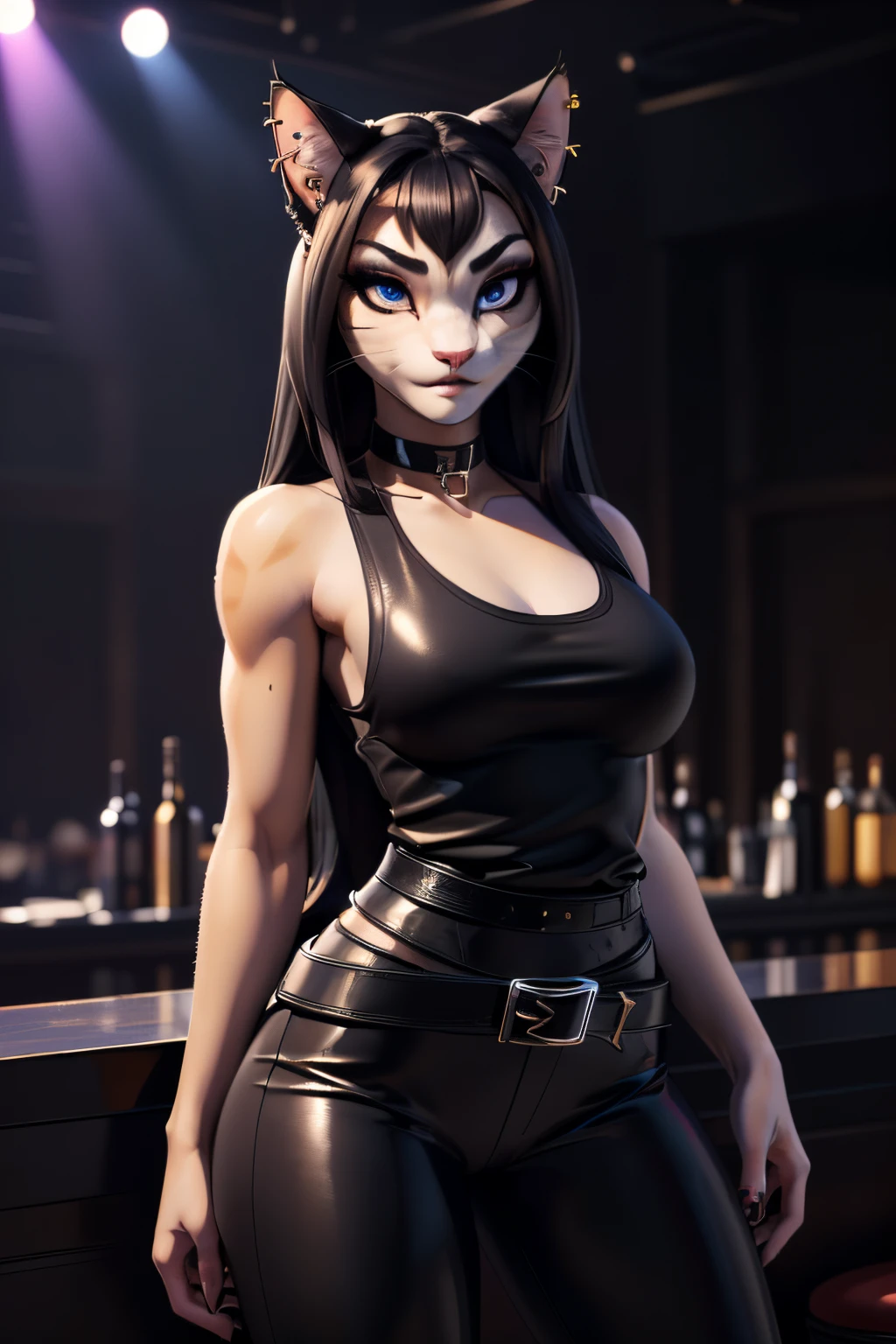 ((ultra quality)), ((tmasterpiece)), Girl-khajiit, goth, anthro cat, furry,, ((Black long hair)), ((there are piercings and rings in the ears)), ((there are only cat ears)), ((There is a cat's long tail in the back)), Beautiful cute face, beautiful female lips, charming beauty, ((aroused expression)), looks at the camera with his eyes slightly closed, ((Skin color: white)), ((there is cat hair on the body)), Body glare, ((detailed beautiful female eyes)), ((kblack eyes)), ((dark makeup)), beautiful female hands, ((perfect female figure)), ideal female body shapes, Beautiful waist, nice feet, big thighs, Beautiful butt, ((Subtle and beautiful)), standing seductively at the bar ((closeup face)), ((wearing black leather pants with a black belt, black sleeveless tank top, black choker around the neck, black boots with a large platform), background: nightclub, Lots of crowds, noisy party, ((Depth of field)), ((high quality clear image)), ((crisp details)), ((higly detailed)), Realistic, Professional Photo Session, ((Clear Focus)), ((cartoon)), the anime, NSFW