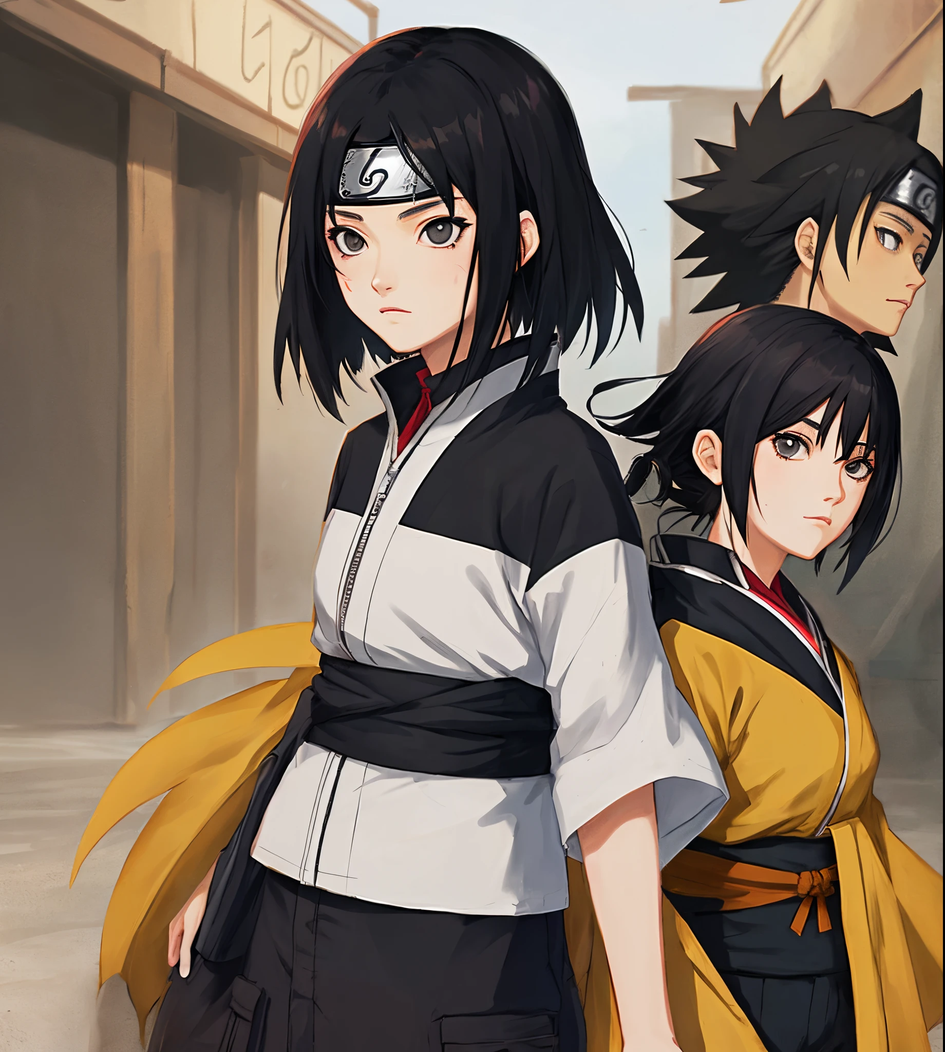 Medium length black hair, black eyes, Naruto character