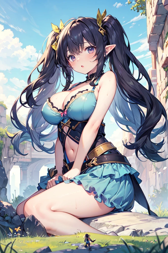 Dungeon, cave, cliffs, hills, fantasy, , (height_difference:1.4), (giantess:1.4), (2girls:1.5), groups of adventurers on a hill in front of the breasts of a giantess, girl on a hill under the breasts of a giantess,
elfgirl, bangs, naked, from below, very cute bra, panties, navel, very tall, huge breasts, below view, from below, cleavage (minigirl:1.2), (rear_end:1.4), long hair, tiny group of adventurers, (Masterpiece), (Best Definition Animated Illustration), (Super Definition), (minigirl:1.4), sitting, sexy clothing, sweaty, fluffy, frills