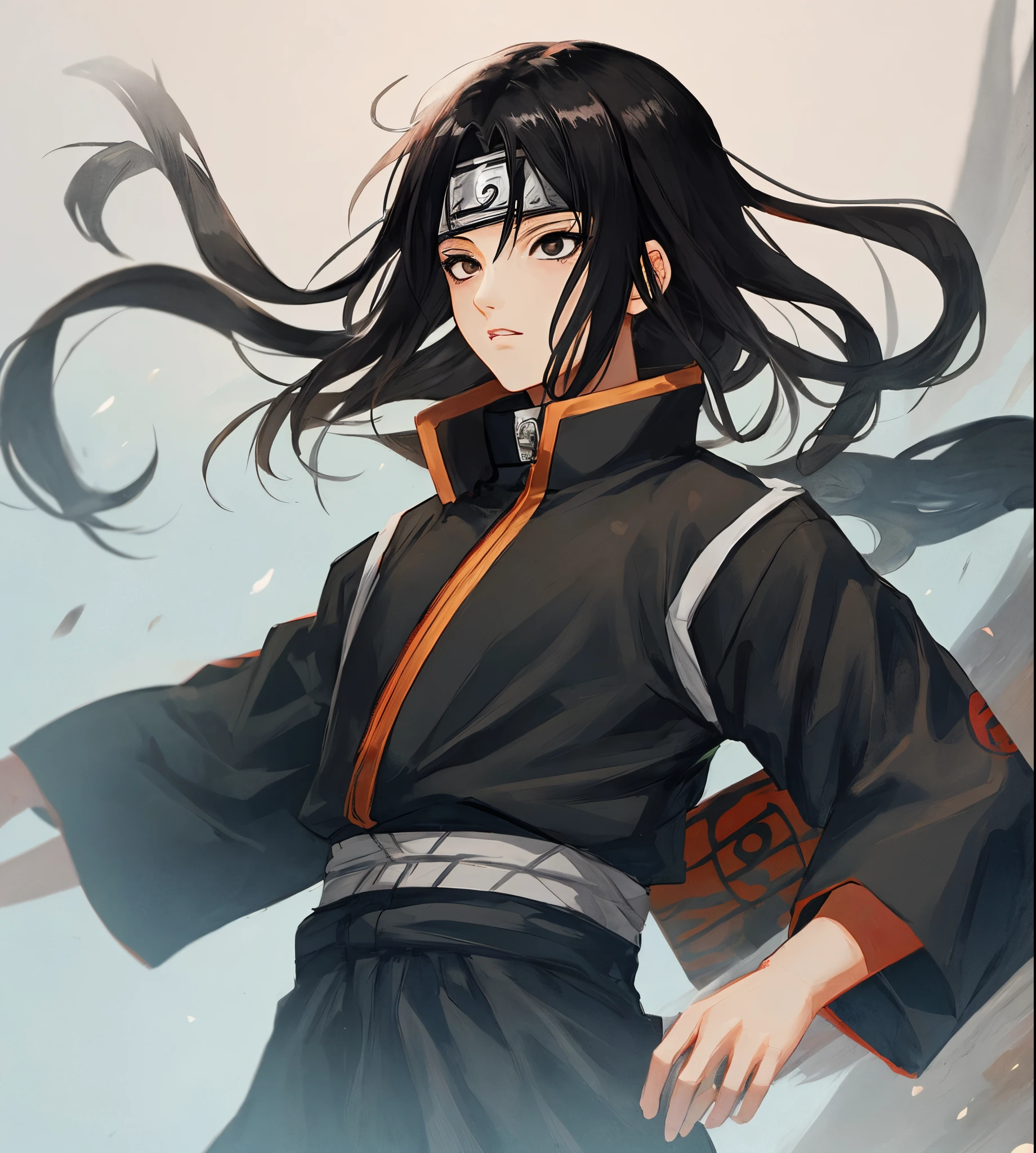 masterpiece, best quality, Super detailed, illustration, Uchiha sasuke，Black-haired, black-eyed transvestite，eyes empty，Long hair and waist，straight hair，