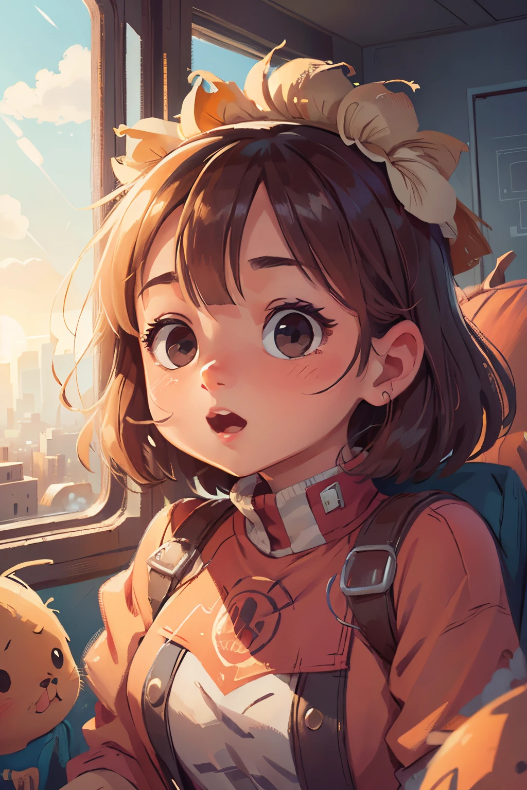 omantic, realistic atmosphere, a huge city spreads out, the sun rising above the skyscraper, the morning sun is beautiful, the horizon, composed, the sky is clearing, huge autumn clouds, bright colors, a girl looking from high of a distant mountain, high detail, ultra detail, 8K, ultra high resolution there are four cute and innocent girls, having fun, adding to the playful atmosphere, (masterpiece), best quality, expressive eyes, perfect face, look at the sky