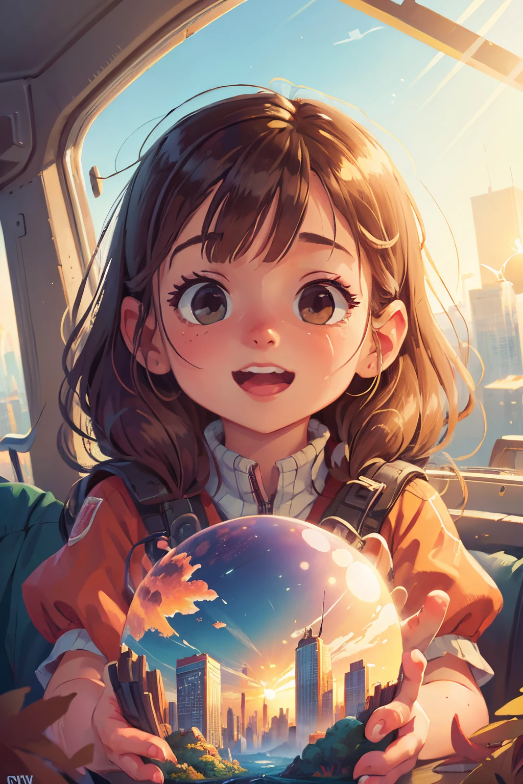 omantic, realistic atmosphere, a huge city spreads out, the sun rising above the skyscraper, the morning sun is beautiful, the horizon, composed, the sky is clearing, huge autumn clouds, bright colors, a girl looking from high of a distant mountain, high detail, ultra detail, 8K, ultra high resolution there are four cute and innocent girls, having fun, adding to the playful atmosphere, (masterpiece), best quality, expressive eyes, perfect face, look at the sky