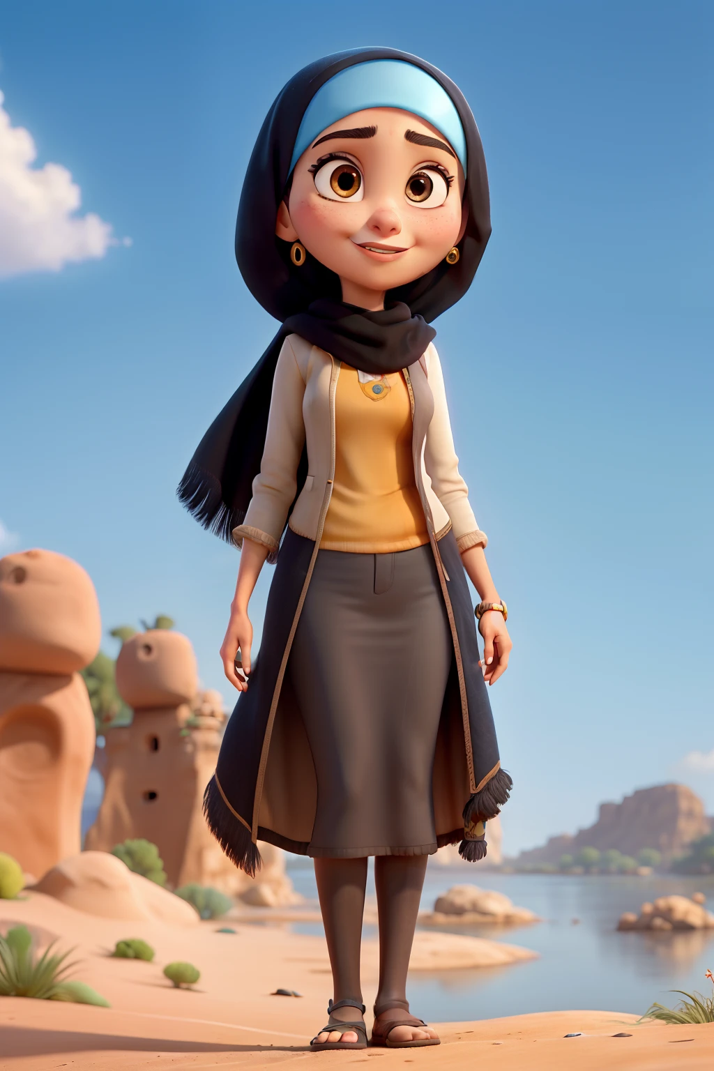 make a Pixar movie poster with the title “Nada” and include “beautiful Arab lady wearing hijab with some hair showing from it and has black eyes with dramatic eyeliner and tall thick lashes” standing in the rain