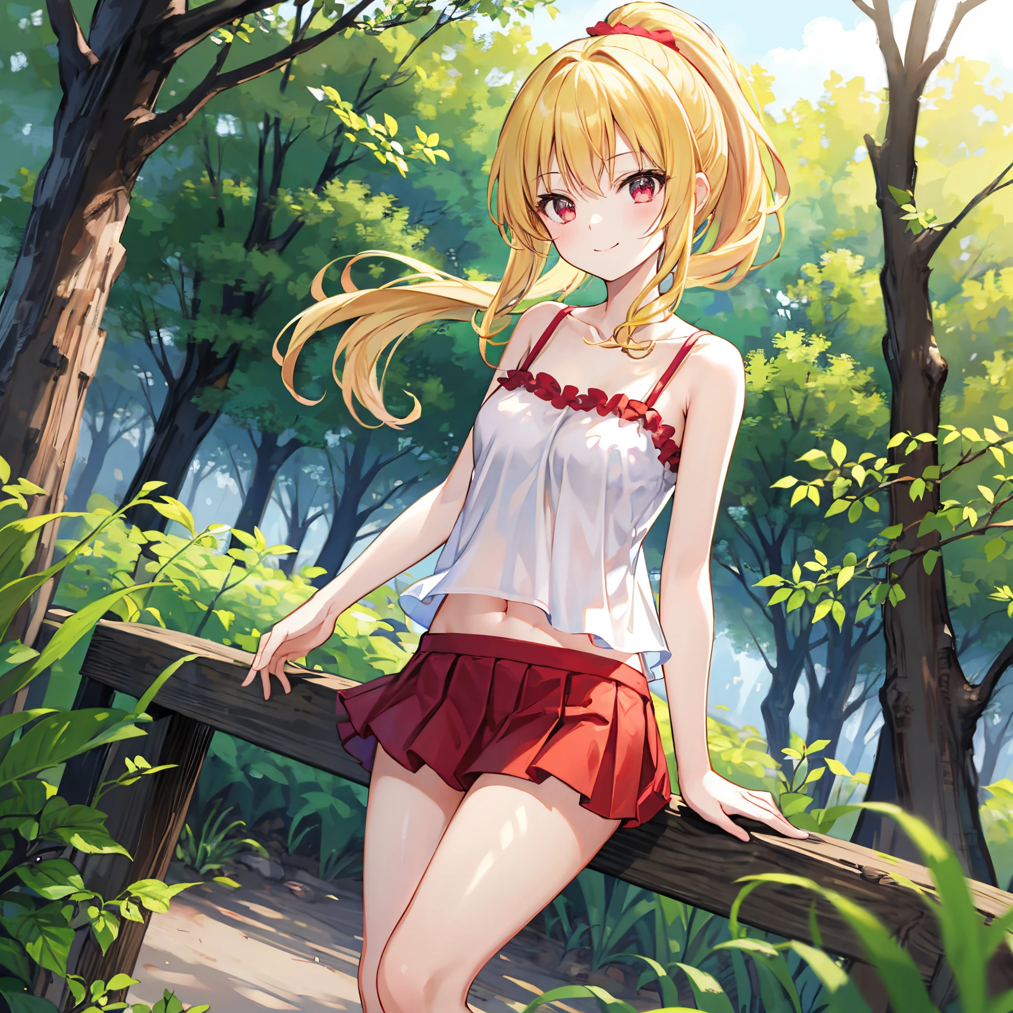 Blonde ponytail、red eyes、one girls、独奏、Camisole、a miniskirt、A smile、in woods