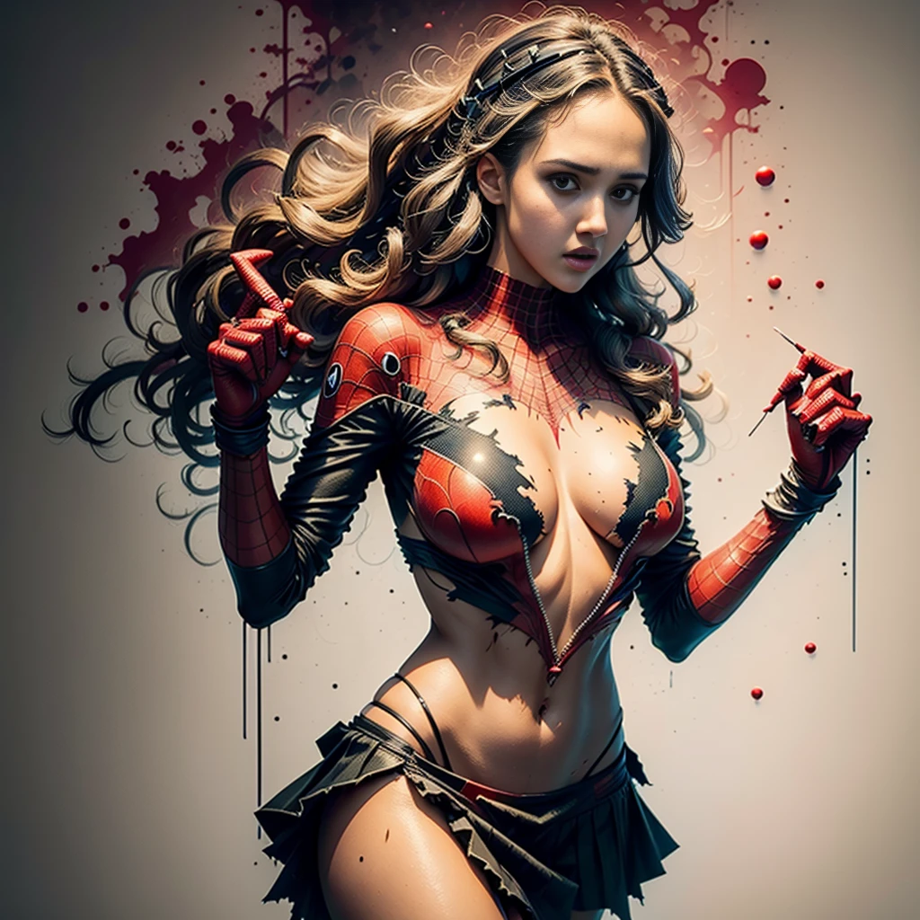 jessicaalba、Sticking out the navel、newyork、She wears a torn Spider-Man suit,wearing skirt、 Red and black color scheme,Dynamic、​masterpiece、top-quality、ultra-detailliert、ighly detailed、beautiful detailed brilliance、超A high resolution