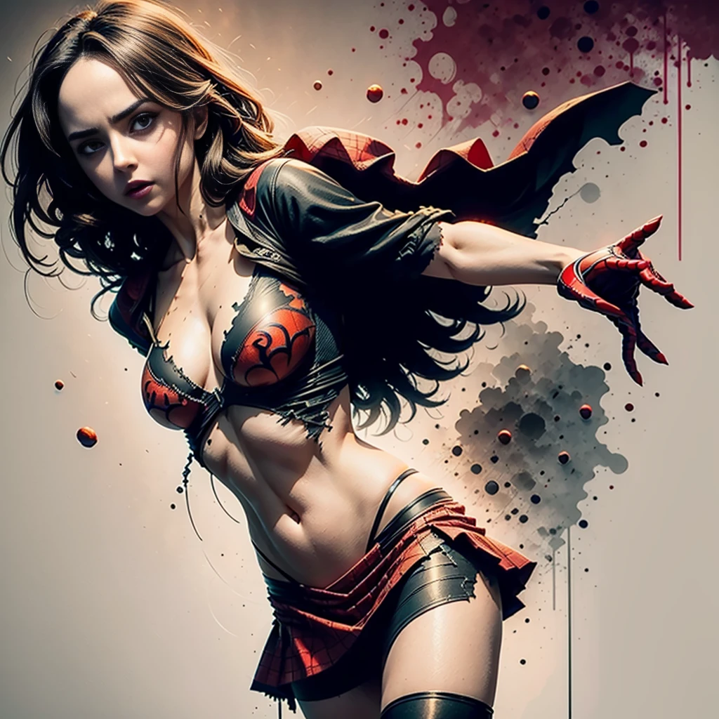 Eliza Dushku、Sticking out the navel、newyork、She wears a torn Spider-Man suit,wearing skirt、 Red and black color scheme,Dynamic、masterpiece、top-quality、ultra-detailliert、ighly detailed、beautiful detailed brilliance、超A high resolution