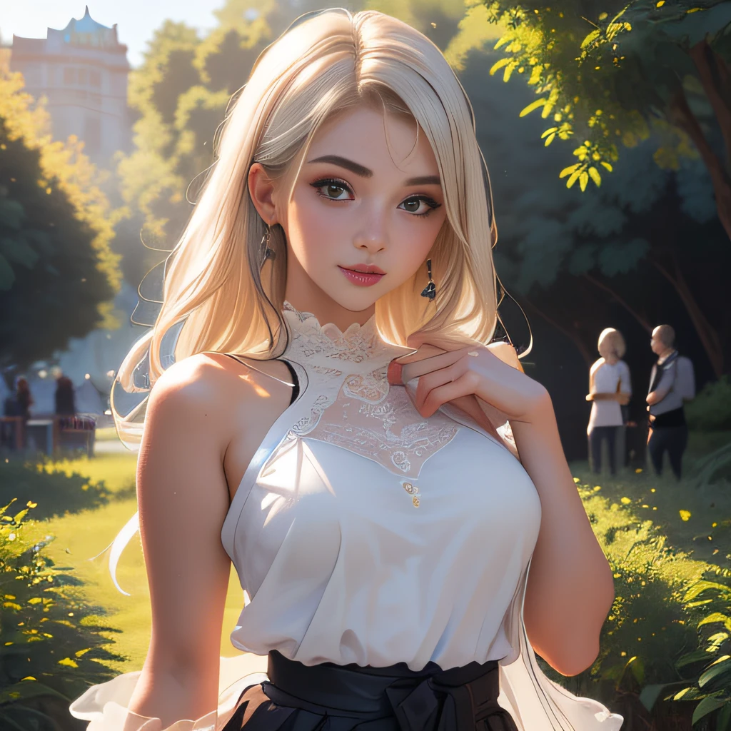 (Extremely detailed 8k wallpaper:2), (photo:2), (soigne Beautiful girl:2), (gives a lecture to friends:2), detailed (Face and eyes), (hyper realistic:1), (highly detailed:1), (epic realistic:1), rim light, (maximum details:1), cozy, (fullbody:1.3), (looking at viewer:2), (Woman's Attractive Qualities:2), (Attractive Woman:2), (Attractive:2), Smile, Intelligence, Empathy, Gracefulness, Sense of Style, Fitness, Grooming, Optimism, (Sensitivity:2), Sincerity, Romantic Gestures, Playfulness, Fashion Sense, (Sensuality:2), Charm, Modesty, Thoughtfulness, (Femininity:1), Flirtatiousness, Warmth, (Physical attractiveness:2), A beautiful smile, A love of life, strength and power, vulnerability, curiosity, wonder, love, (nature background:2), kawaii, waifu, Beautiful breasts, (attractive body:2), (Beautiful body:2), Beautiful pose, attractive pose, (Beautiful legs:1.0), (spread legs:1.0), (Beautiful clothes:1), (classic clothes:2), (elegant clothes:2), (European clothes:2), detailed clothes, (skirt:1), (blouse:1), (provocative pose)