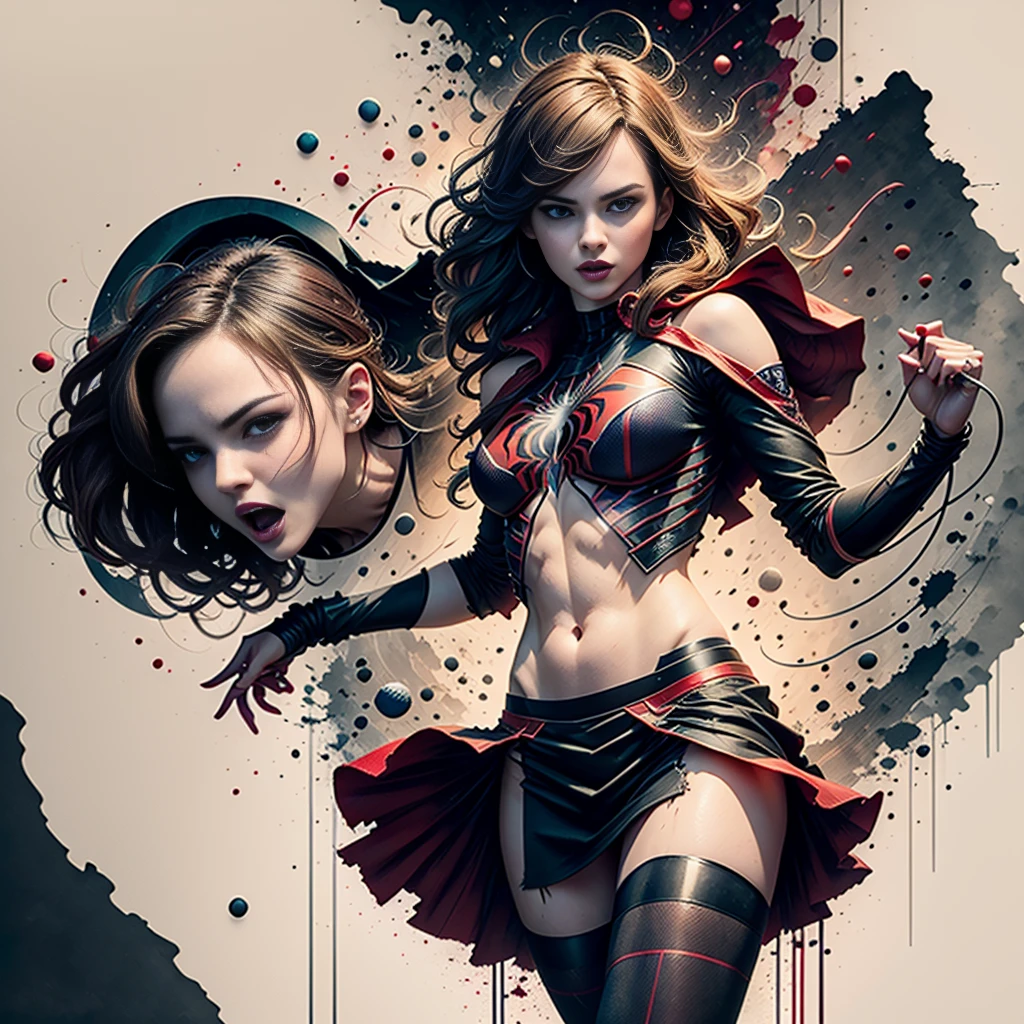 Daniel Panabaker、Sticking out the navel、newyork、She wears a torn Spider-Man suit,wearing skirt、 Red and black color scheme,Dynamic、masterpiece、top-quality、ultra-detailliert、ighly detailed、beautiful detailed brilliance、超A high resolution
