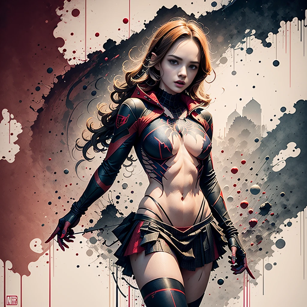 Daniel Panabaker、Sticking out the navel、newyork、She wears a torn Spider-Man suit,wearing skirt、 Red and black color scheme,Dynamic、​masterpiece、top-quality、ultra-detailliert、ighly detailed、beautiful detailed brilliance、超A high resolution