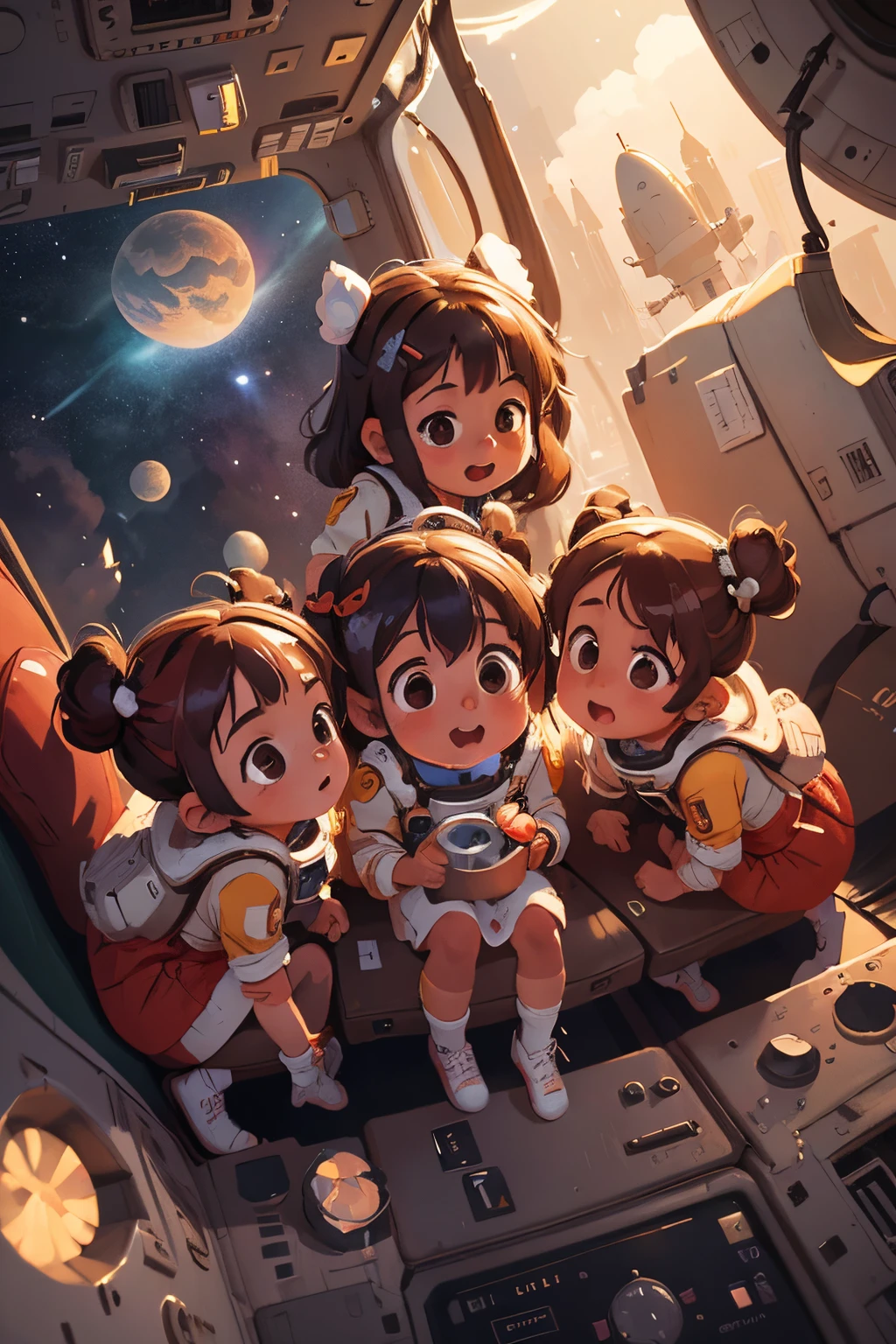 High Detail, Ultra Detail, 8K, Ultra High Resolution there is four cute and innocent girls, enjoying her time in the space station, adding to the playful atmosphere,(masterpiece), best quality, expressive eyes, perfect face