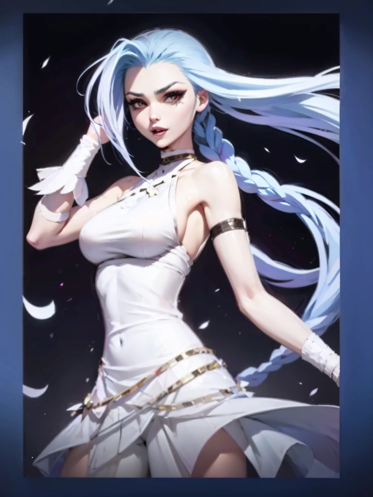 《league of legend》Close-up of Jinx wearing white top and black pants, doom， White hair, - girl with silver hair, Bad laughs, Portrait of Jinx,perfect girl, ssmile，Seductive portraits, Raised sexy，beautiful boobs，Super quality，8K，