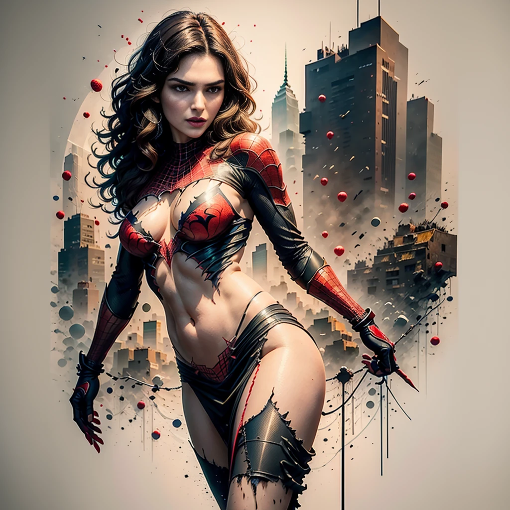 Rachel Weisz、Sticking out the navel、newyork、She wears a torn Spider-Man suit,wearing skirt、 Red and black color scheme,Dynamic、masterpiece、top-quality、ultra-detailliert、ighly detailed、beautiful detailed brilliance、超A high resolution