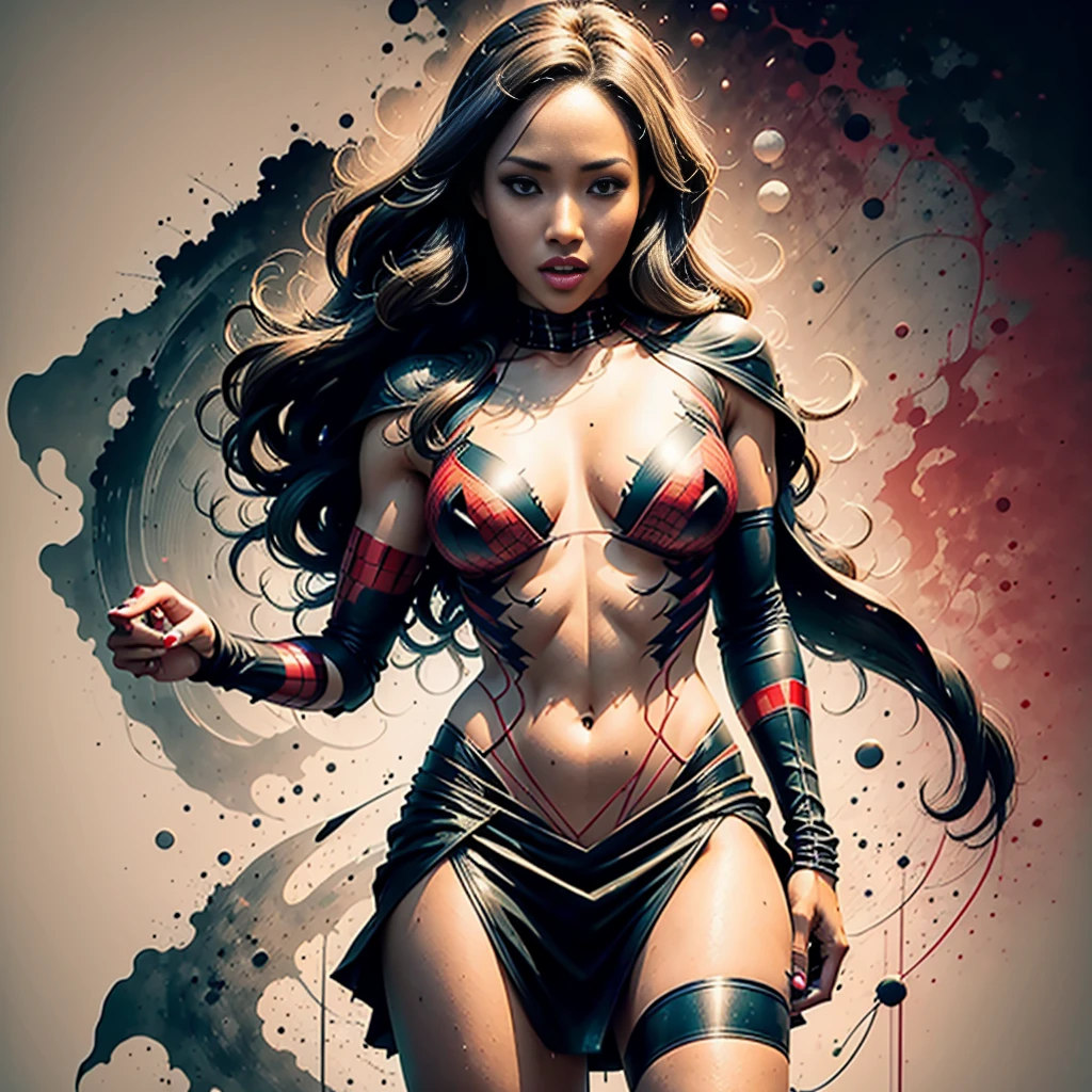 Candice Patton、Sticking out the navel、newyork、She wears a torn Spider-Man suit,wearing skirt、 Red and black color scheme,Dynamic、masterpiece、top-quality、ultra-detailliert、ighly detailed、beautiful detailed brilliance、超A high resolution