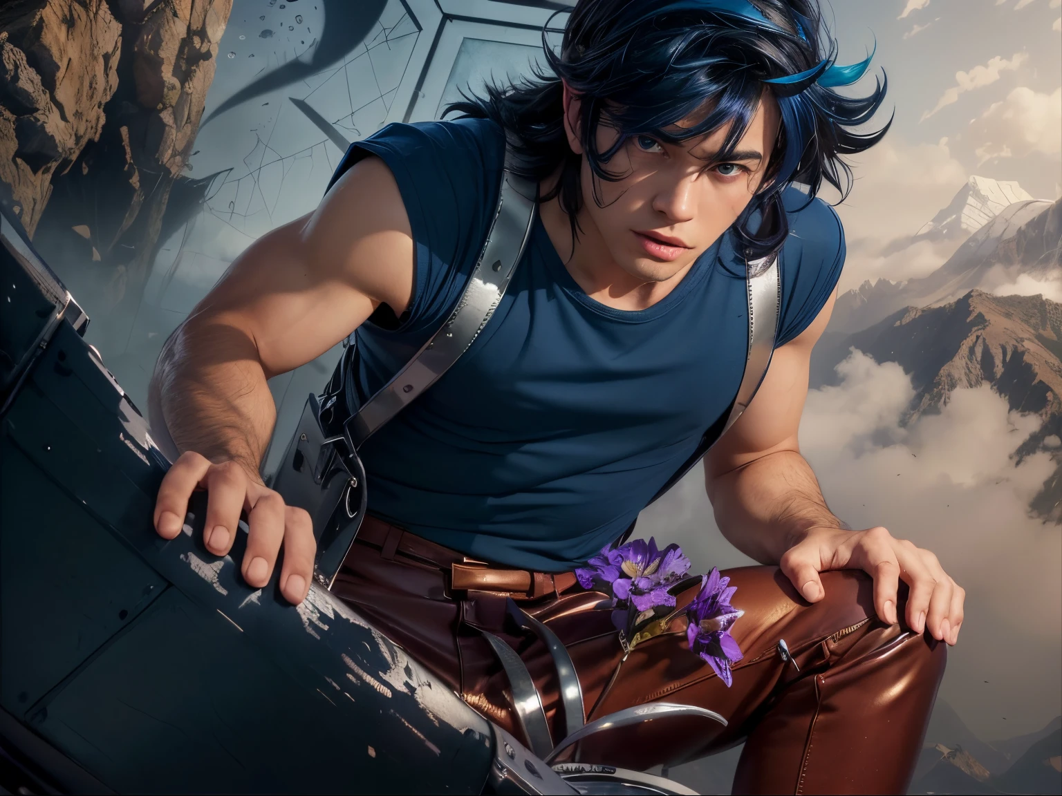 (masterpiece), (realistic), close up, (male) of 20 years old, Japanese (1boy), solo, slightly low view, in one knee, ((handsome man), ((strong face)), ((surprised face)), ((pretty big blue eyes)), ((perfect blue eyes)), short messy blue hair, ((bangs)), hair blowing in the air, (((beardless))), masculine blue t-shirt, red pants, leather straps, ((metallic Chrome box on his back)), looking a purple flower in the ground, looking the flower, mountains surrounded by mists background, cinematic lighting.