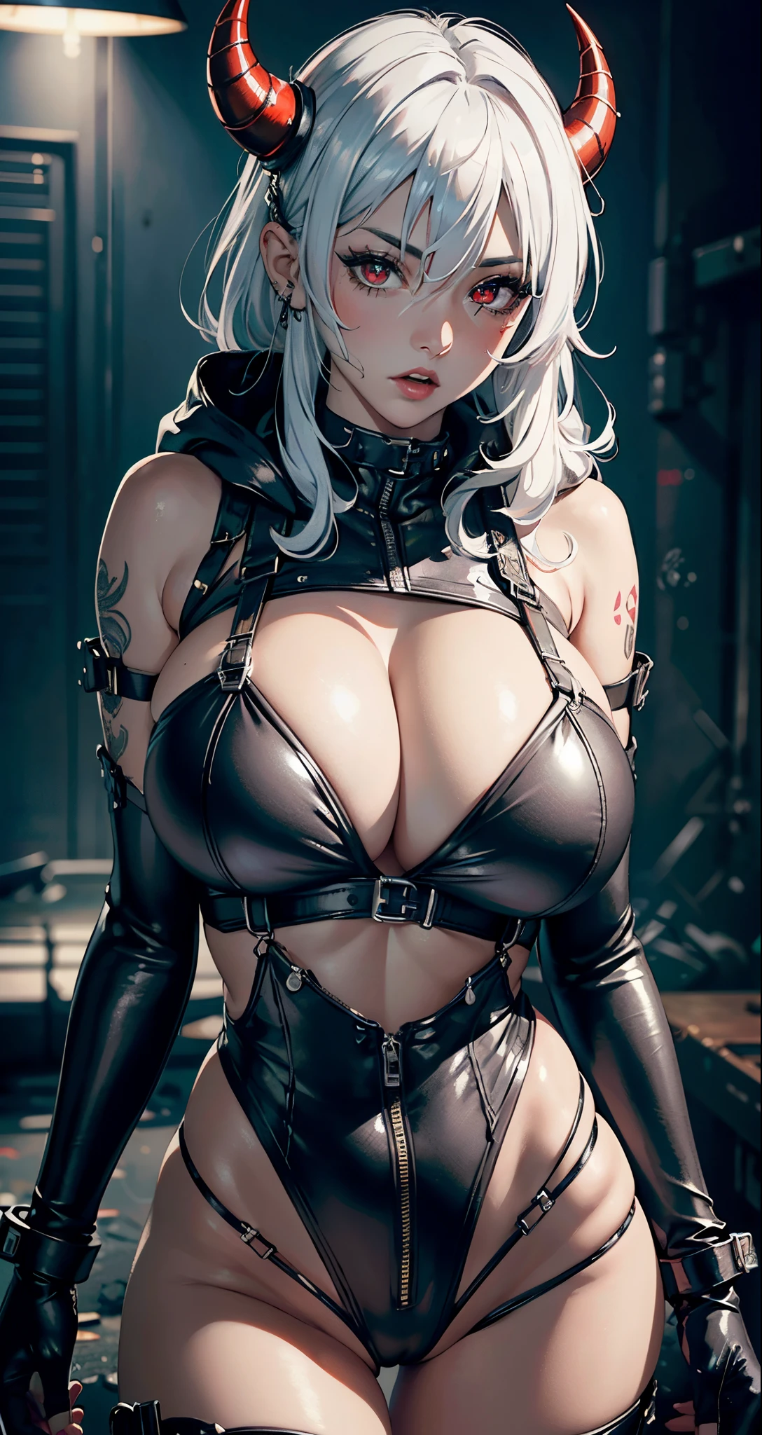 PERFECT MASTERPIECE, EXTREMELY DETAILED CG UNITY 8K UHD QUALITY RESOLUTION WALLPAPER, PHOTOREALISTIC, AWARD-WINNING IMAGE, OFFICIAL ART, PROFESSIONAL CINEMATIC LIGHTING, the most beautiful and sexy demon goddess, long platinum white hair, oni horns, vibrant red eyes, long detailed eyelashes, wearing trendy Harajuku-inspired sexy leather hooded bodysuit with zippers and buckles, super huge enormously gigantic tits, cleavage showing, tons of tattoos and piercings, sexy seductive slutty facial expression, blushing, shiny realistic skin texture, post apocalyptic wasteland background