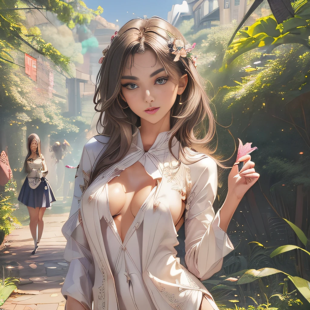 (Extremely detailed 8k wallpaper:2), (photo:2), (soigne Beautiful girl:2), (gives a lecture to friends:2), detailed (Face and eyes), (hyper realistic:1), (highly detailed:1), (epic realistic:1), rim light, (maximum details:1), cozy, (fullbody:1.3), (looking at viewer:2), (Woman's Attractive Qualities:2), (Attractive Woman:2), (Attractive:2), Smile, Intelligence, Empathy, Gracefulness, Sense of Style, Fitness, Grooming, Optimism, (Sensitivity:2), Sincerity, Romantic Gestures, Playfulness, Fashion Sense, (Sensuality:2), Charm, Modesty, Thoughtfulness, (Femininity:1), Flirtatiousness, Warmth, (Physical attractiveness:2), A beautiful smile, A love of life, strength and power, vulnerability, curiosity, wonder, love, (nature background:2), kawaii, waifu, Beautiful breasts, (attractive body:2), (Beautiful body:2), Beautiful pose, attractive pose, (Beautiful legs:1.0), (spread legs:1.0), (Beautiful clothes:1), (classic clothes:2), (elegant clothes:2), (European clothes:2), detailed clothes, (skirt:1), (blouse:1), (provocative pose)