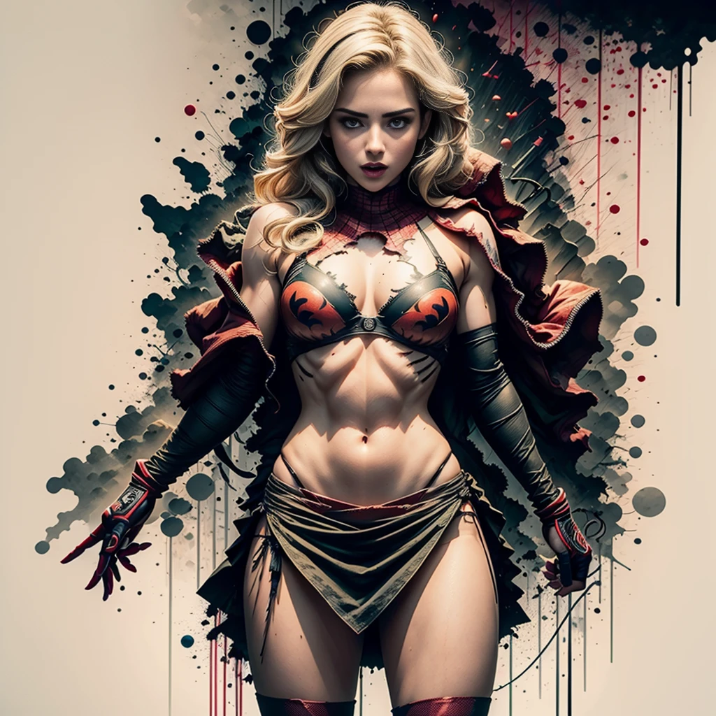 Emily Bett Rickards、Sticking out the navel、newyork、She wears a torn Spider-Man suit,wearing skirt、 Red and black color scheme,Dynamic、masterpiece、top-quality、ultra-detailliert、ighly detailed、beautiful detailed brilliance、超A high resolution