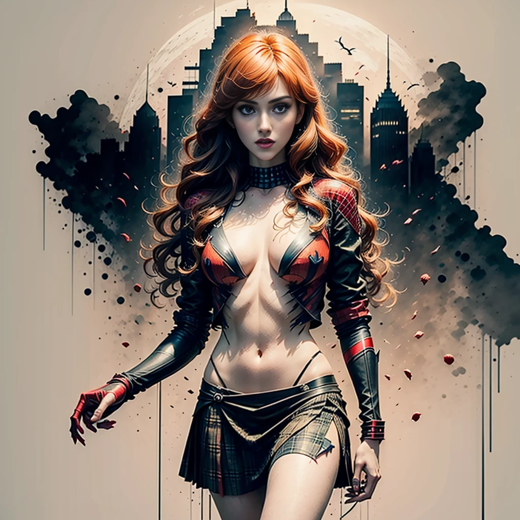 Katherine McNamara、Sticking out the navel、newyork、She wears a torn Spider-Man suit,wearing skirt、 Red and black color scheme,Dynamic、masterpiece、top-quality、ultra-detailliert、ighly detailed、beautiful detailed brilliance、超A high resolution