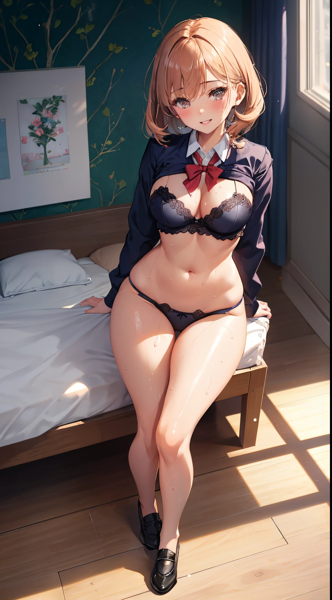 1girl in, Parted lips, blush, makeup, lightsmile, School uniform, Full body, Wide Angle, From  above, crass room, llight rays, Glow, thighs thighs thighs thighs, 鎖骨, Narrow waist, (masutepiece), Wallpaper,Wet body、Lingerie that can be seen even over clothes