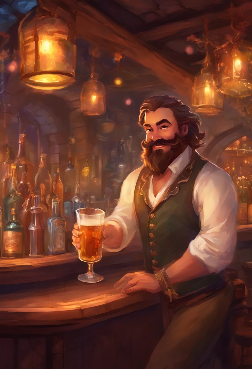 Bar scene, large hairy male bartender with large moustache and big smile pouring beer into a glass