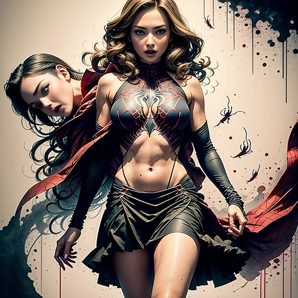 Emily VanCamp、Sticking out the navel、newyork、She wears a torn Spider-Man suit,wearing skirt、 Red and black color scheme,Dynamic、masterpiece、top-quality、ultra-detailliert、ighly detailed、beautiful detailed brilliance、超A high resolution