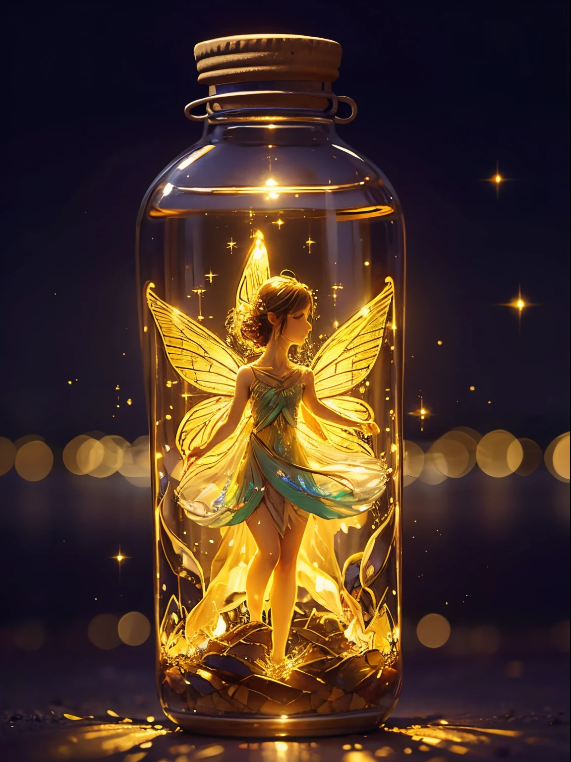 Generate an image of a delicate fairy trapped within a shimmering glass bottle, her iridescent wings folded gracefully, surrounded by faint traces of glowing magical dust that hint at her ethereal presence.