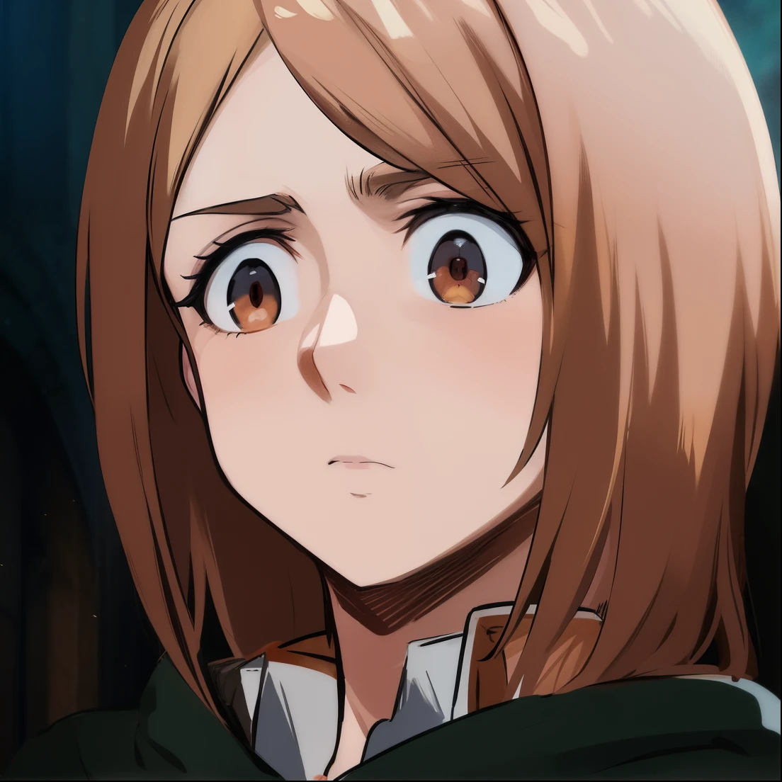 anime girl with brown hair and brown eyes staring at camera, from attack on titan, in attack on titan, (attack on titans anime), perfect anime face, boromir in an anime world, female anime character, petra ral, female protagonist 👀 :8, anime girl named petra ral, looking like petra ral, she has a cute expressive face, 70 realistic