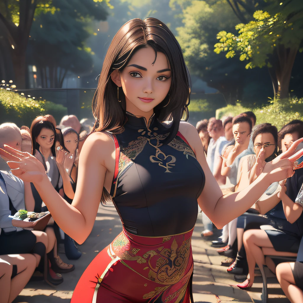 (Extremely detailed 8k wallpaper:2), (photo:2), (soigne Beautiful girl:2), (gives a lecture to friends:2), detailed (Face and eyes), (hyper realistic:1), (highly detailed:1), (epic realistic:1), rim light, (maximum details:1), cozy, (fullbody:1.3), (looking at viewer:2), (Woman's Attractive Qualities:2), (Attractive Woman:2), (Attractive:2), Smile, Intelligence, Empathy, Gracefulness, Sense of Style, Fitness, Grooming, Optimism, (Sensitivity:2), Sincerity, Romantic Gestures, Playfulness, Fashion Sense, (Sensuality:2), Charm, Modesty, Thoughtfulness, (Femininity:1), Flirtatiousness, Warmth, (Physical attractiveness:2), A beautiful smile, A love of life, strength and power, vulnerability, curiosity, wonder, love, (nature background:2), kawaii, waifu, Beautiful breasts, (attractive body:2), (Beautiful body:2), Beautiful pose, attractive pose, (Beautiful legs:1.0), (spread legs:1.0), (Beautiful clothes:1), (classic clothes:2), (elegant clothes:2), (European clothes:2), detailed clothes, (skirt:1), (blouse:1), (provocative pose)