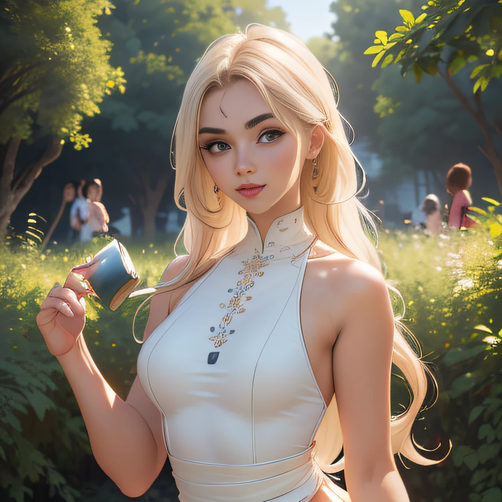 (Extremely detailed 8k wallpaper:2), (photo:2), (soigne Beautiful girl:2), (gives a lecture to friends:2), detailed (Face and eyes), (hyper realistic:1), (highly detailed:1), (epic realistic:1), rim light, (maximum details:1), cozy, (fullbody:1.3), (looking at viewer:2), (Woman's Attractive Qualities:2), (Attractive Woman:2), (Attractive:2), Smile, Intelligence, Empathy, Gracefulness, Sense of Style, Fitness, Grooming, Optimism, (Sensitivity:2), Sincerity, Romantic Gestures, Playfulness, Fashion Sense, (Sensuality:2), Charm, Modesty, Thoughtfulness, (Femininity:1), Flirtatiousness, Warmth, (Physical attractiveness:2), A beautiful smile, A love of life, strength and power, vulnerability, curiosity, wonder, love, (nature background:2), kawaii, waifu, Beautiful breasts, (attractive body:2), (Beautiful body:2), Beautiful pose, attractive pose, (Beautiful legs:1.0), (spread legs:1.0), (Beautiful clothes:1), (classic clothes:2), (elegant clothes:2), (European clothes:2), detailed clothes, (skirt:1), (blouse:1), (provocative pose)