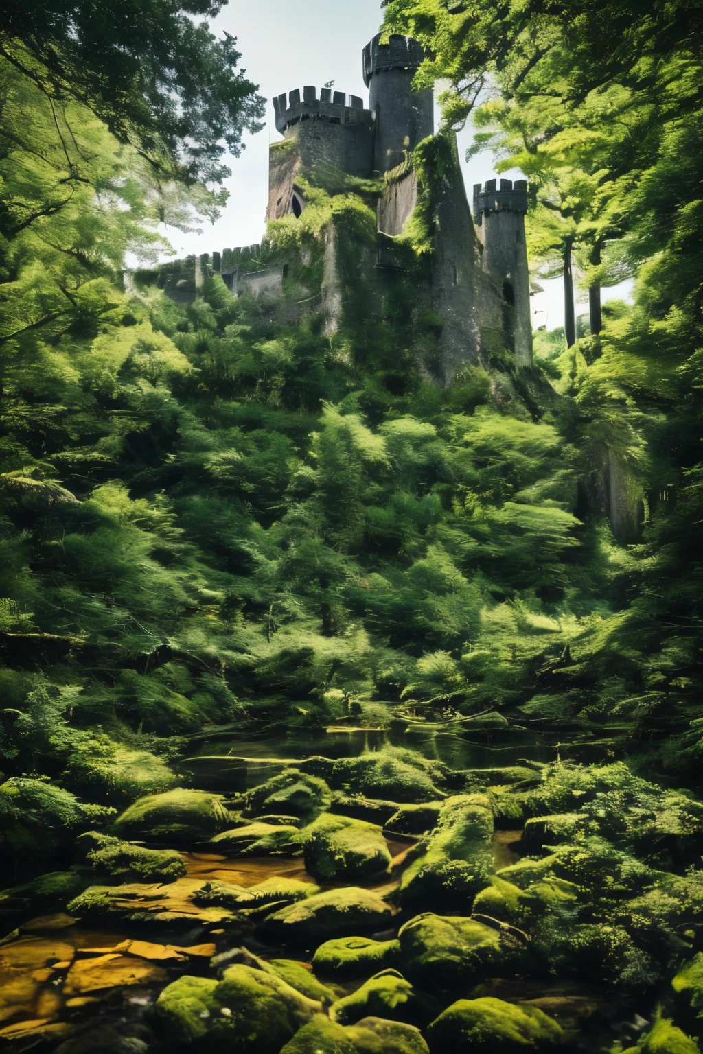 Ruins of a medieval castle、deep-forest、dark color