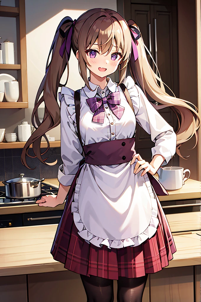 1girl, purple eyes, pantyhose, blush, long hair, twintails, plaid skirt, bow, solo focus, brown hair, bangs, hair between eyes, blue bow, open mouth, smile, indoors, fang, kitchen hood,very long hair, plaid bow, breasts, sleeves past wrists, blonde hair, housewife, apron, waist apron, fangs, maid, short pleated skirt